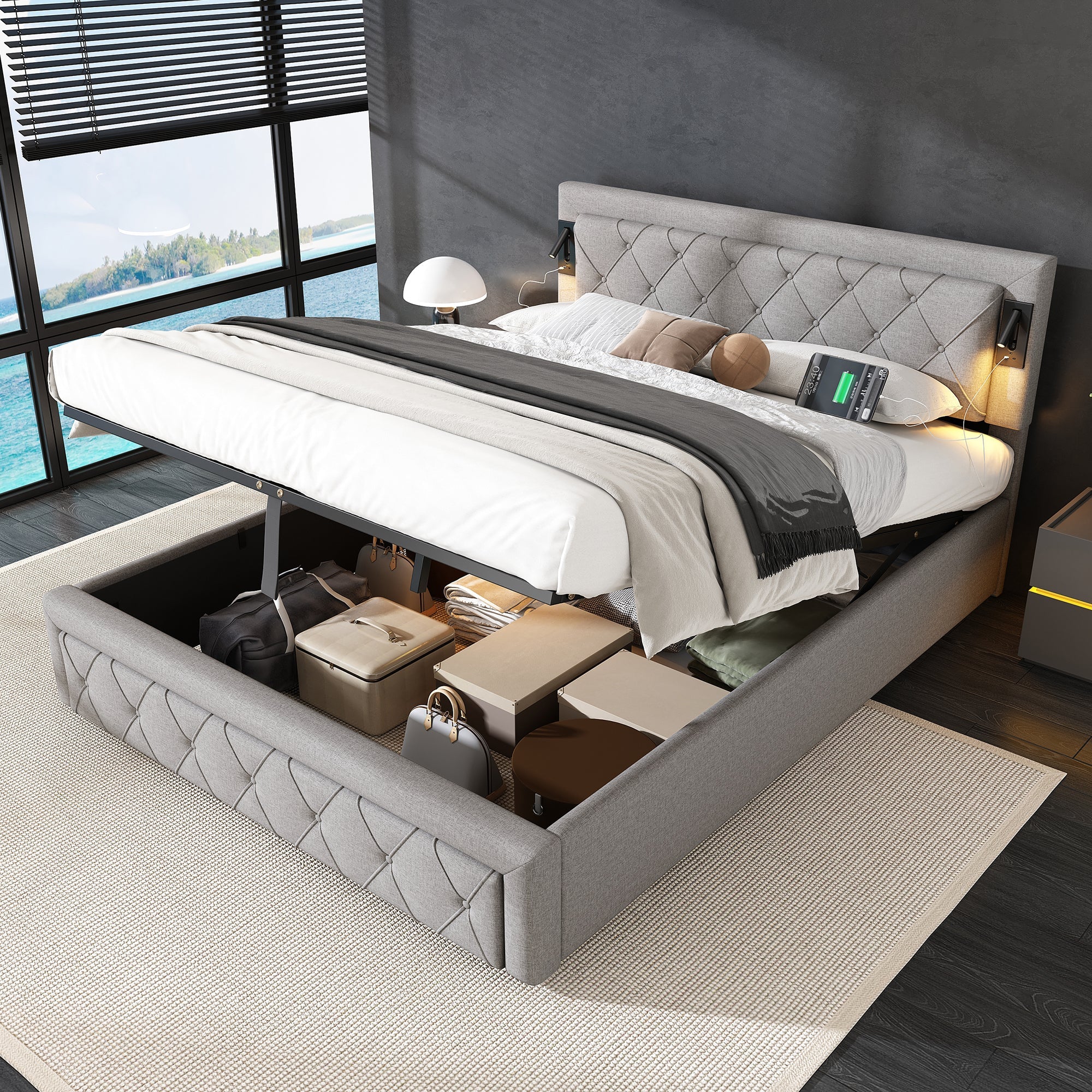 Upholstered Storage Bed with Downlight, USB Port and Slatted Base, 160x200cm, Grey Linen