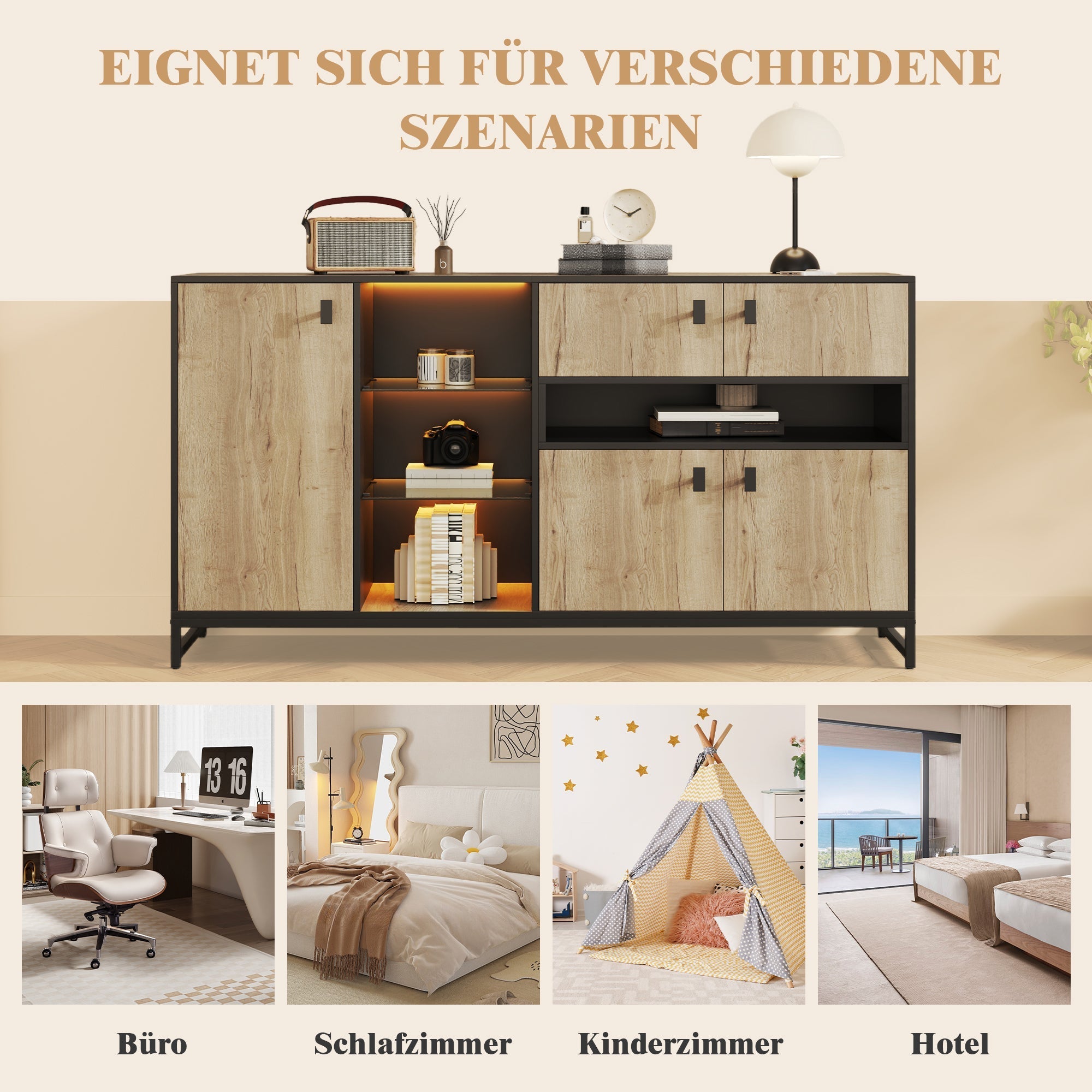 Modern Minimalist Storage Cabinet with Double Doors, Open Shelving and Glass Shelves, Wood and Metal