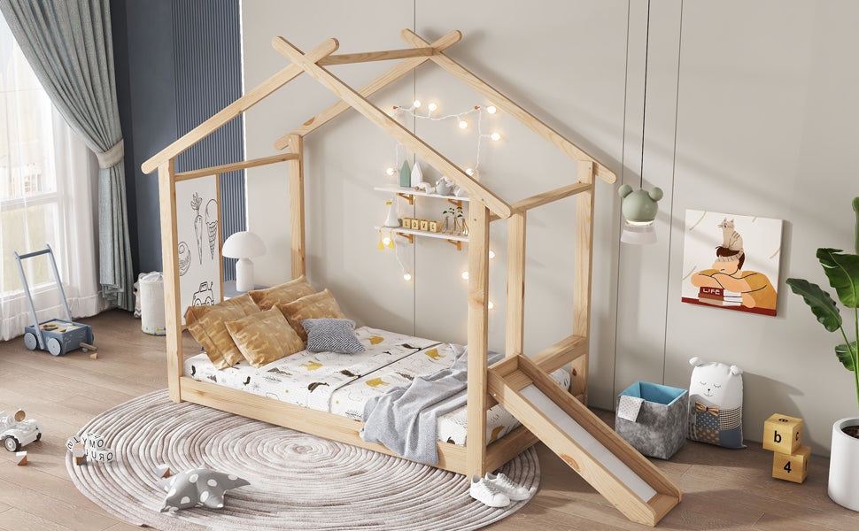 Wooden Bed, Single with Slide, Roof Design & Whiteboard, Pine + MDF + Plywood
