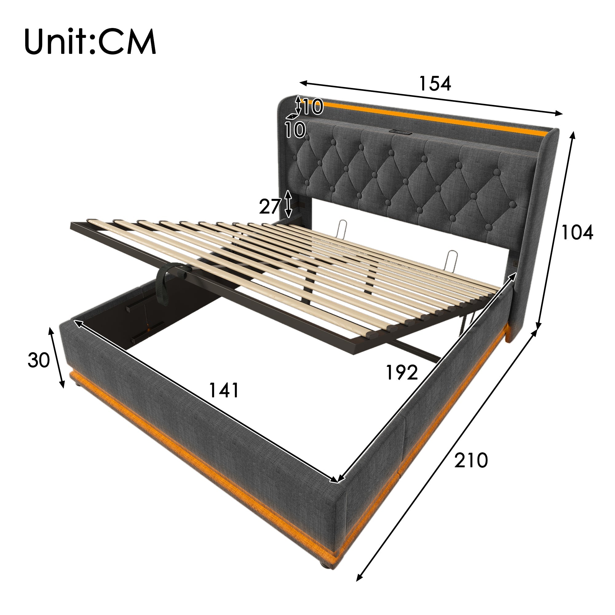 Upholstered Double Bed with 360-degree LED Lighting, Hydraulic Storage, USB Type-C and Padded Headboard, 140x190cm, Grey Linen