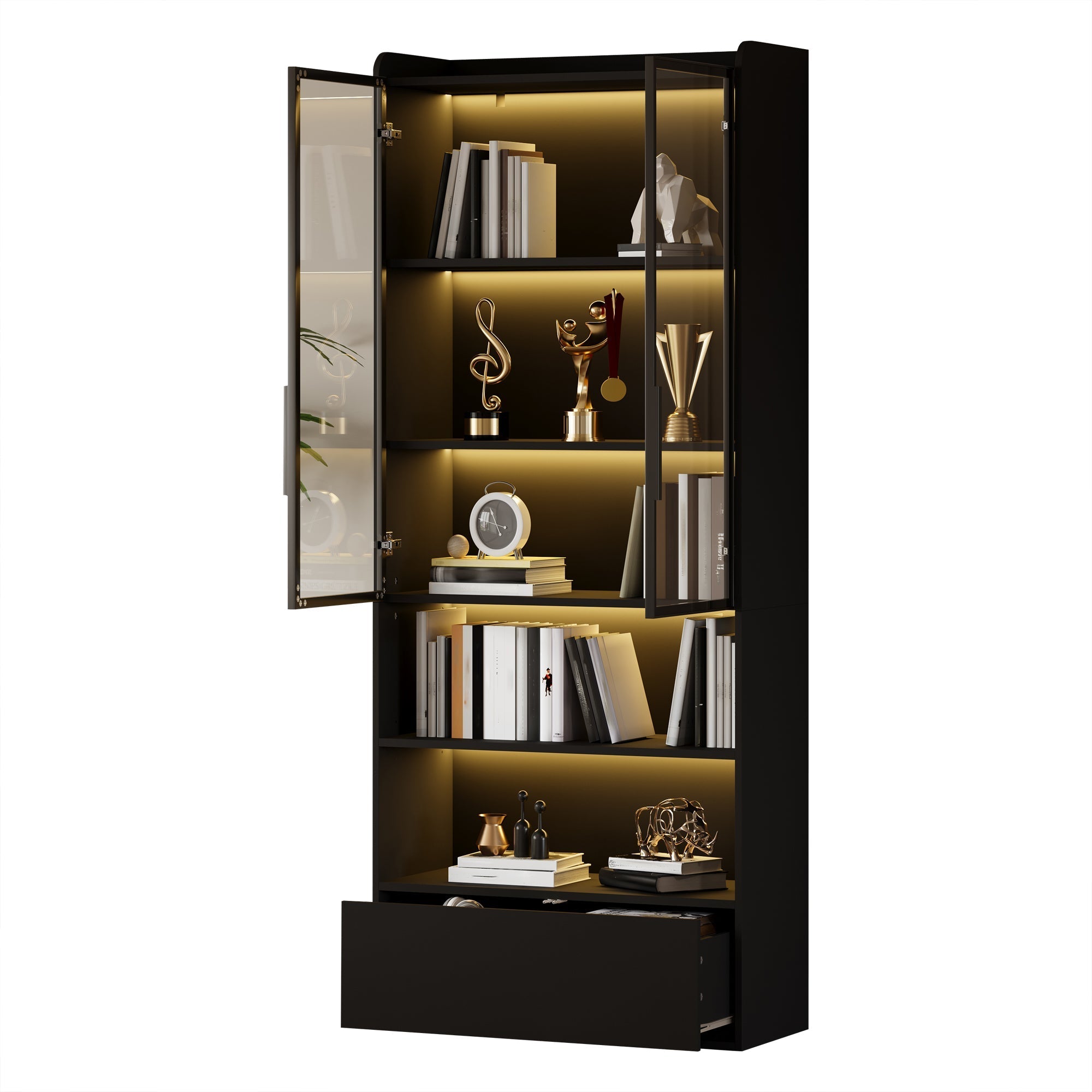 Tall Display Cabinet with 1 Drawer, LED Lighting and Glass Doors, Black