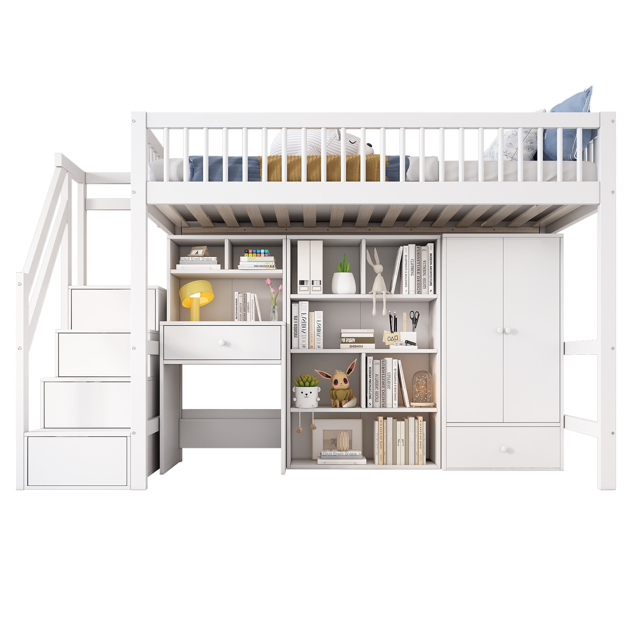 N634P201175W Multifunctional Loft Bed with Reversible Storage Stairs, Desk, and Wardrobe