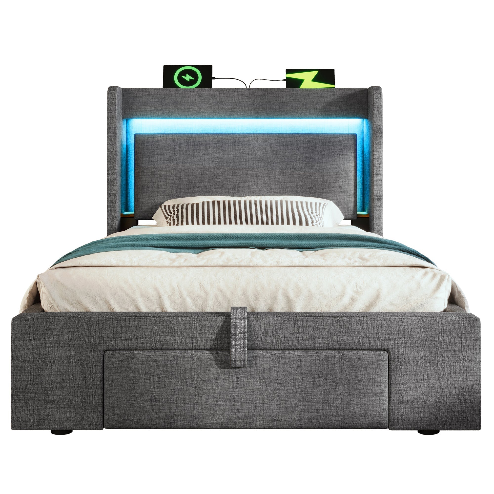 Upholstered Bed 90x200cm Hydraulic Storage Headboard with USB/Type-C & LED Grey Linen