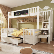 Bunk Bed for 3 Children with Chalkboard, Storage Stairs and Drawers, White Solid Wood