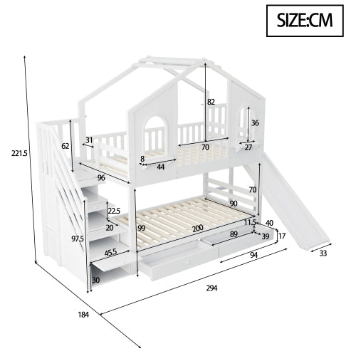 Children's Bunk Bed House-Shaped with Slide & Storage, 90x200cm, White