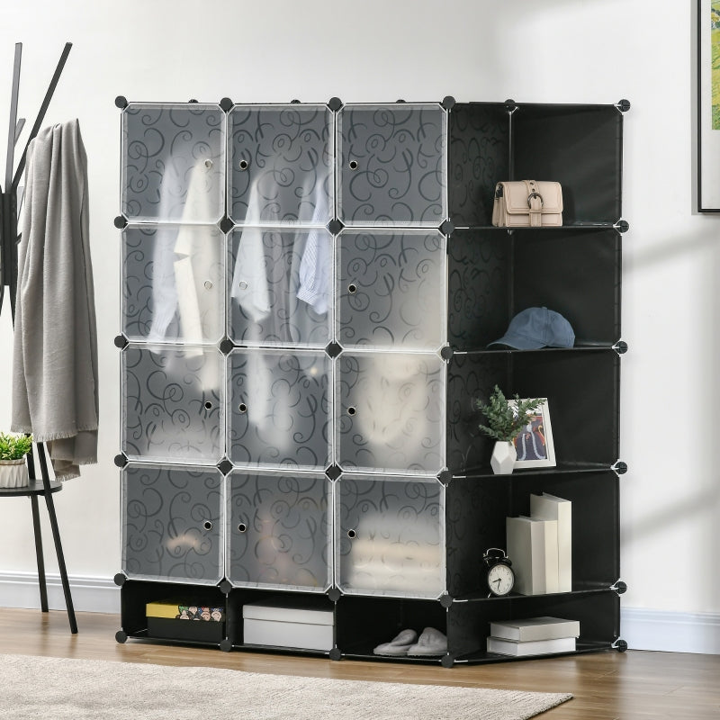 DIY Wardrobe Shelving System, 16 Compartments, 2 Rods, Black