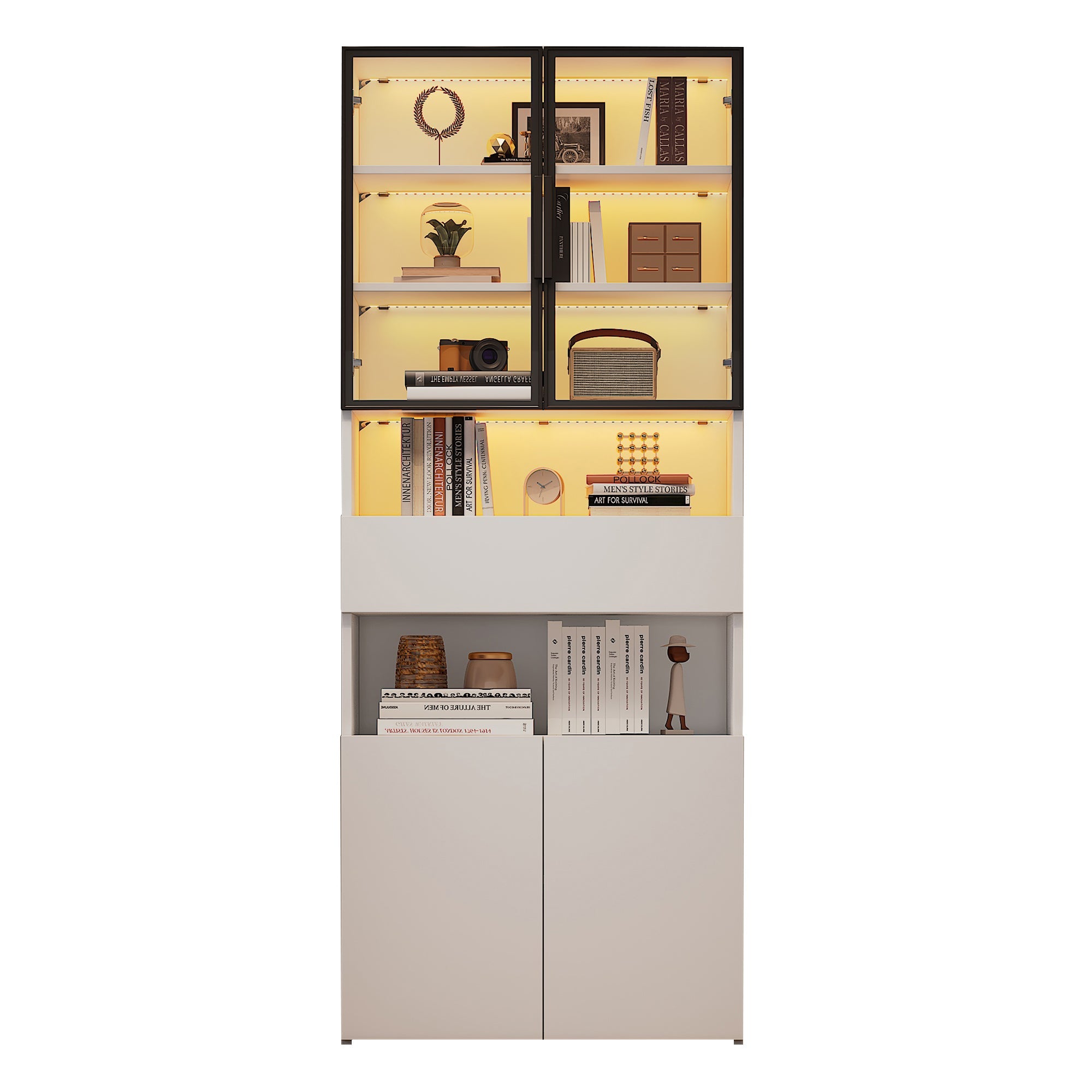 Display Cabinet with Drawers, Glass Doors & LED Lighting, 70x30x200cm, White