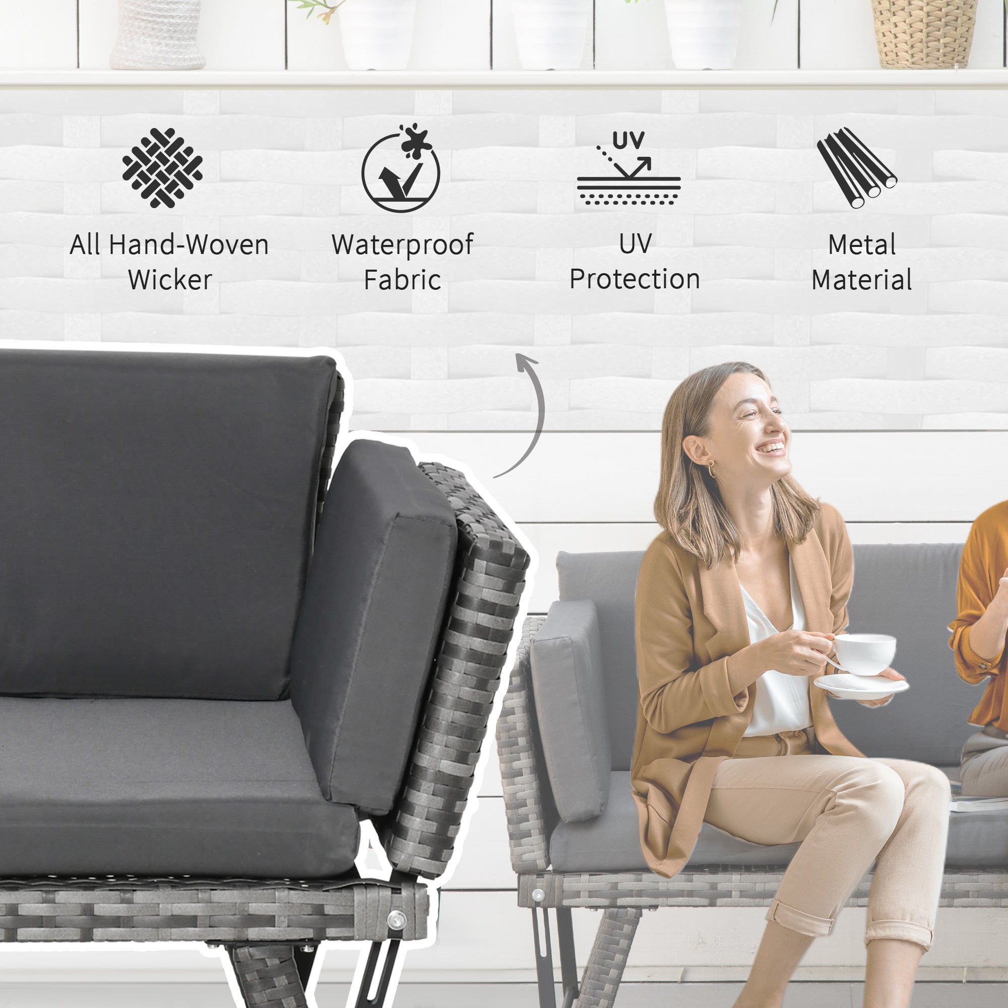 2 Seater Rattan Sofa 2-in-1 Daybed Chaise Lounger Loveseat Mixed Grey PE Rattan