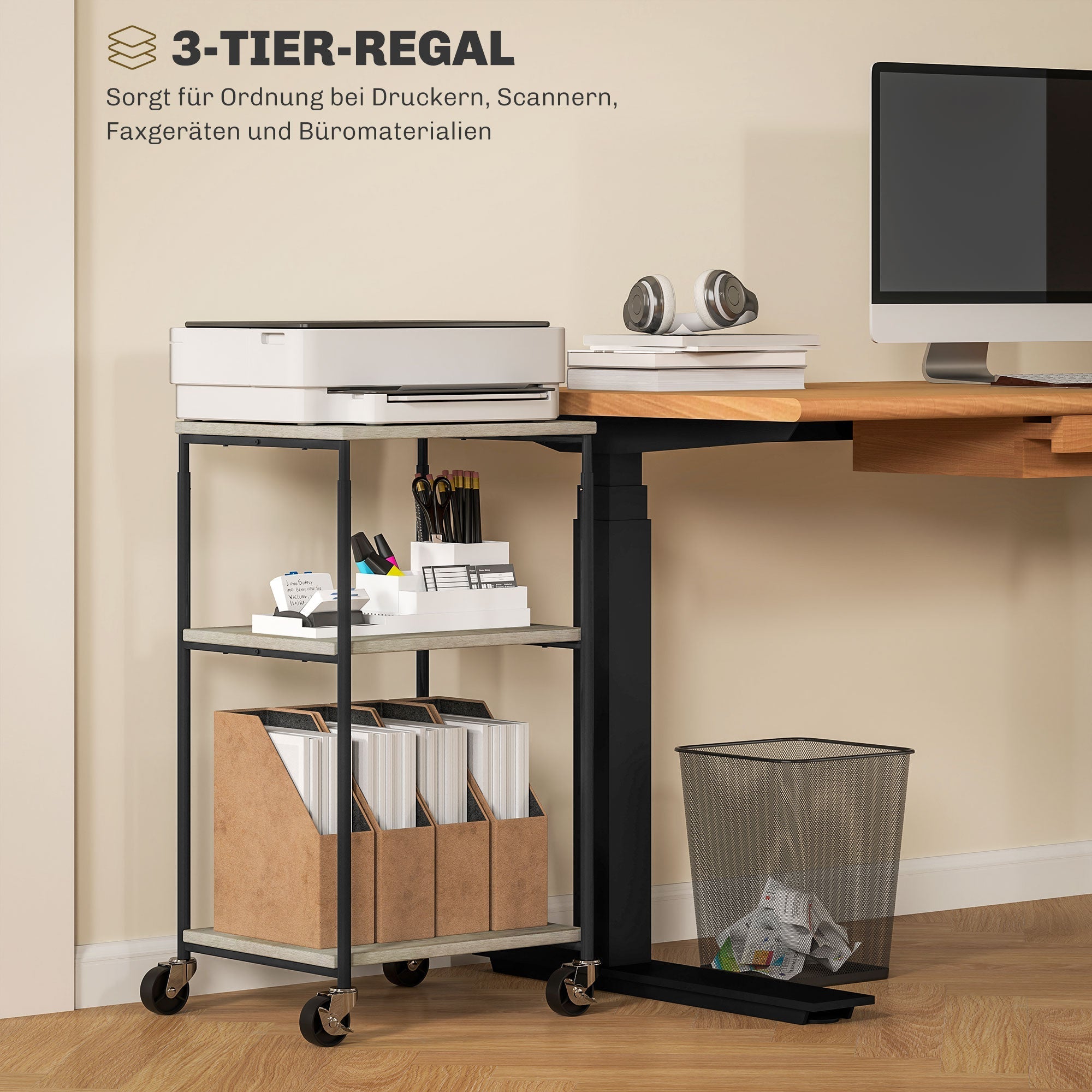 Printer Table, 3-Tier Stand with Casters, Steel