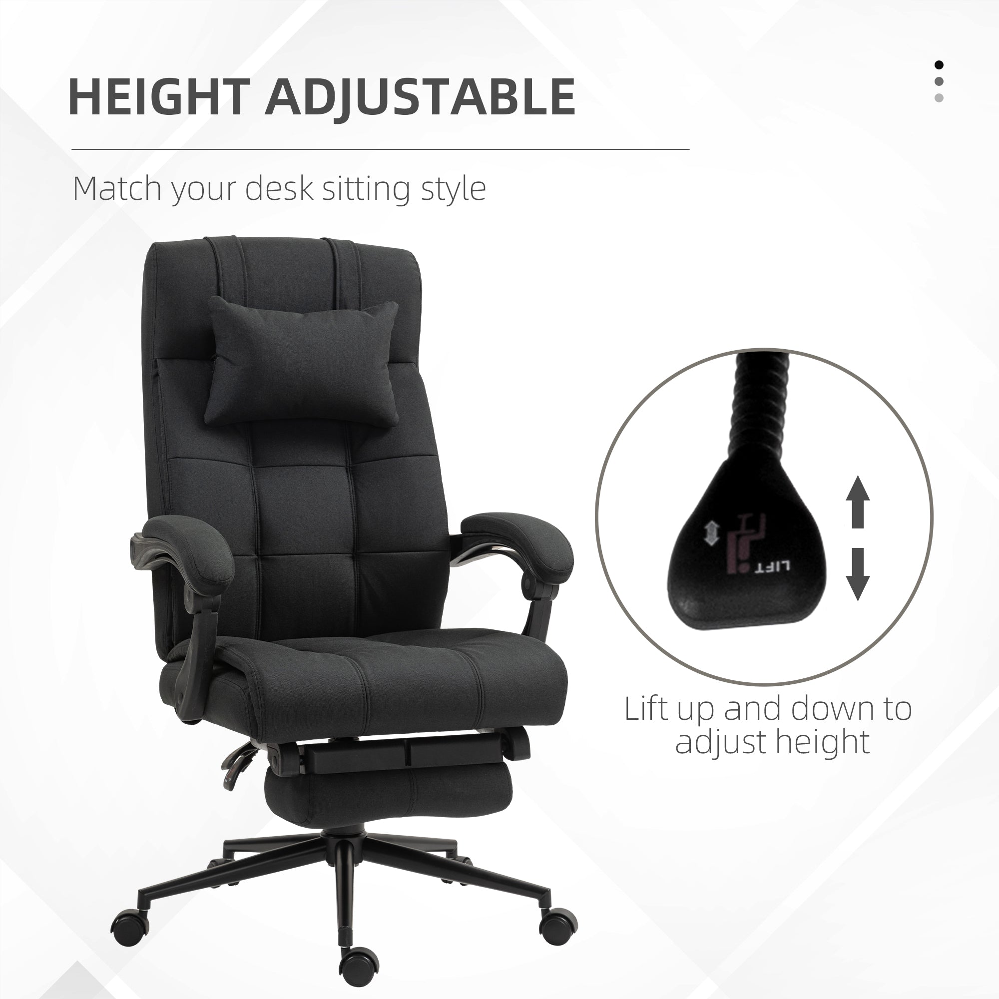 Office Desk Chair, Reclining Backrest Footrest Headrest Swivel Wheels, Black