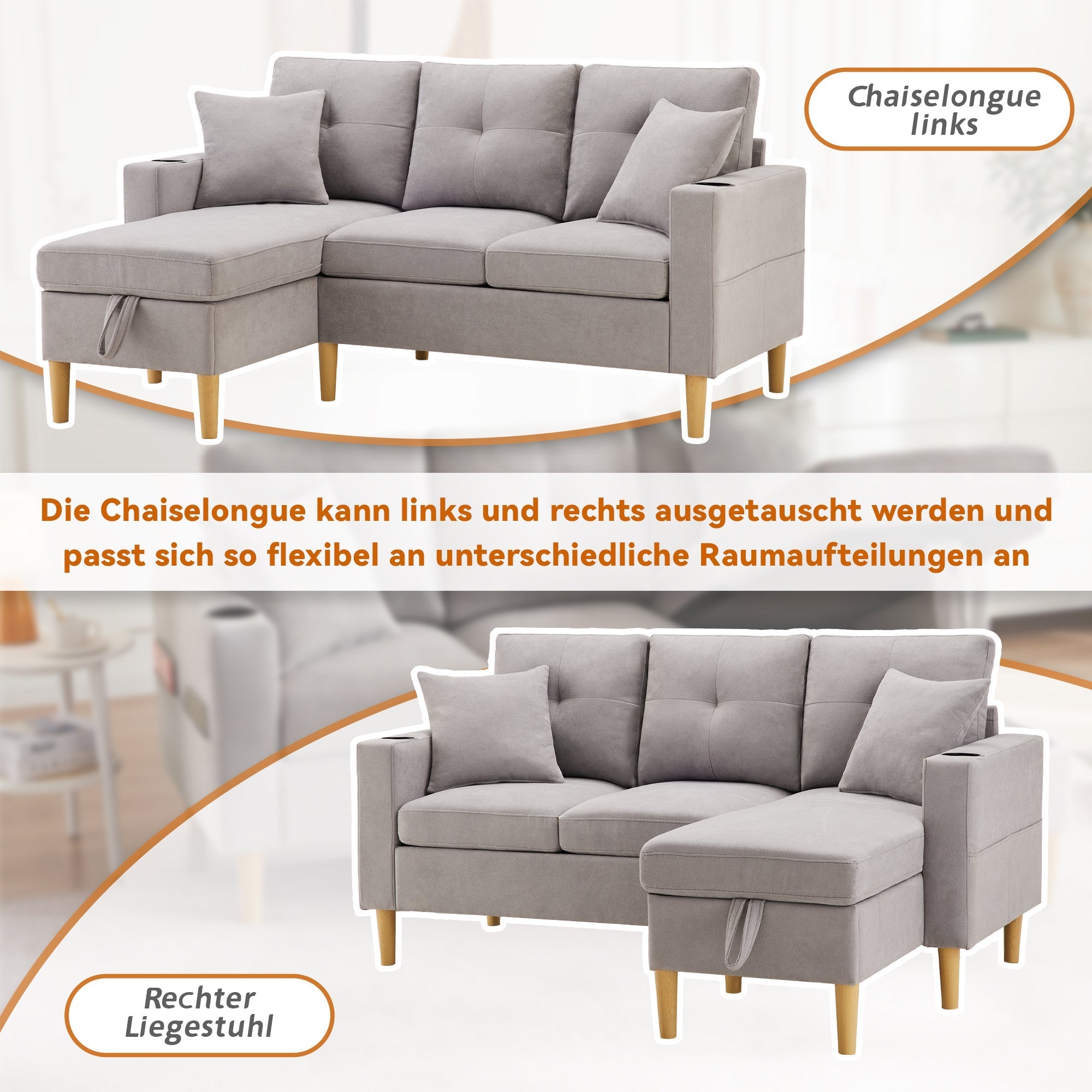 L-Shaped Sofa, 3-Seater with Chaise, Storage, Cup Holder, 2 Pillows