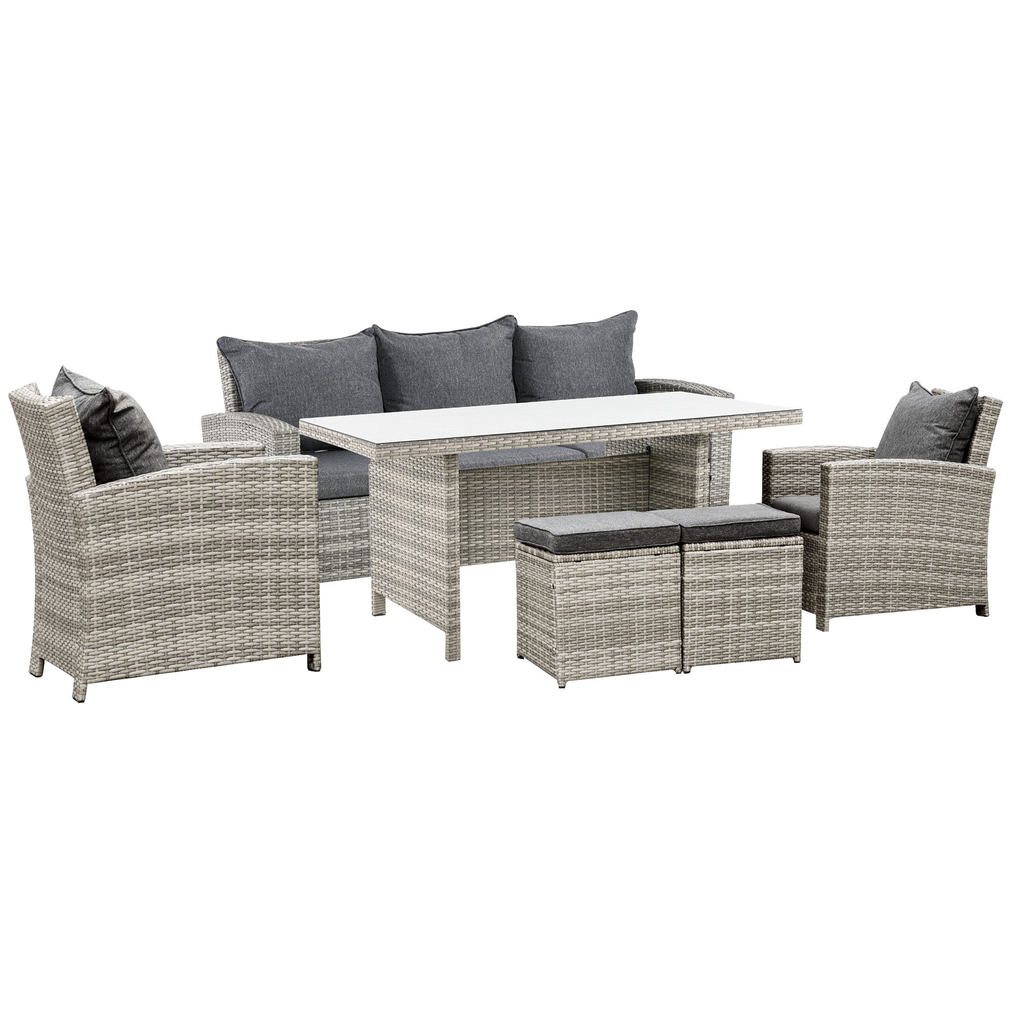 6 Pieces PE Rattan Garden Furniture Set, Three-seat Sofa, Armchairs, Footstools, Aluminium, Light Grey
