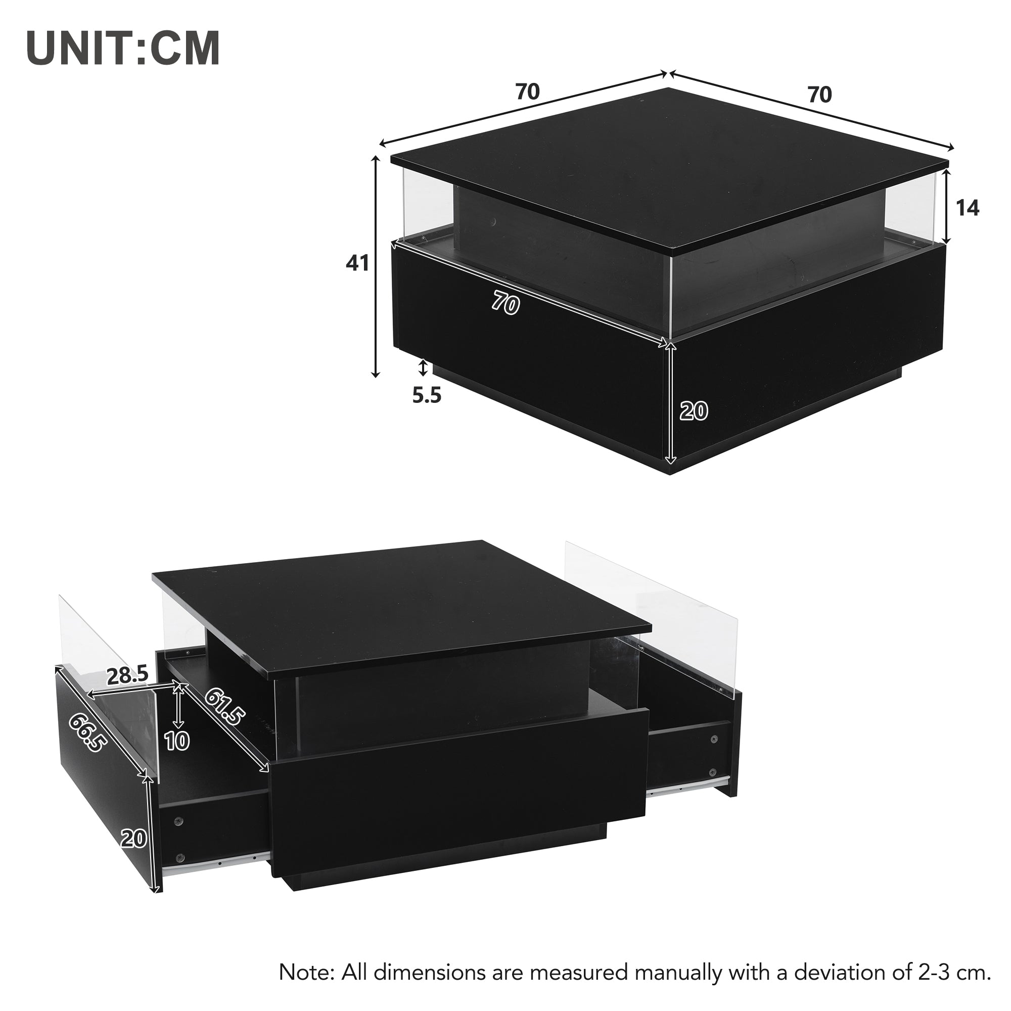 Coffee Table with Storage, Modern LED Coffee Table with 2 Sliding Drawers, Black