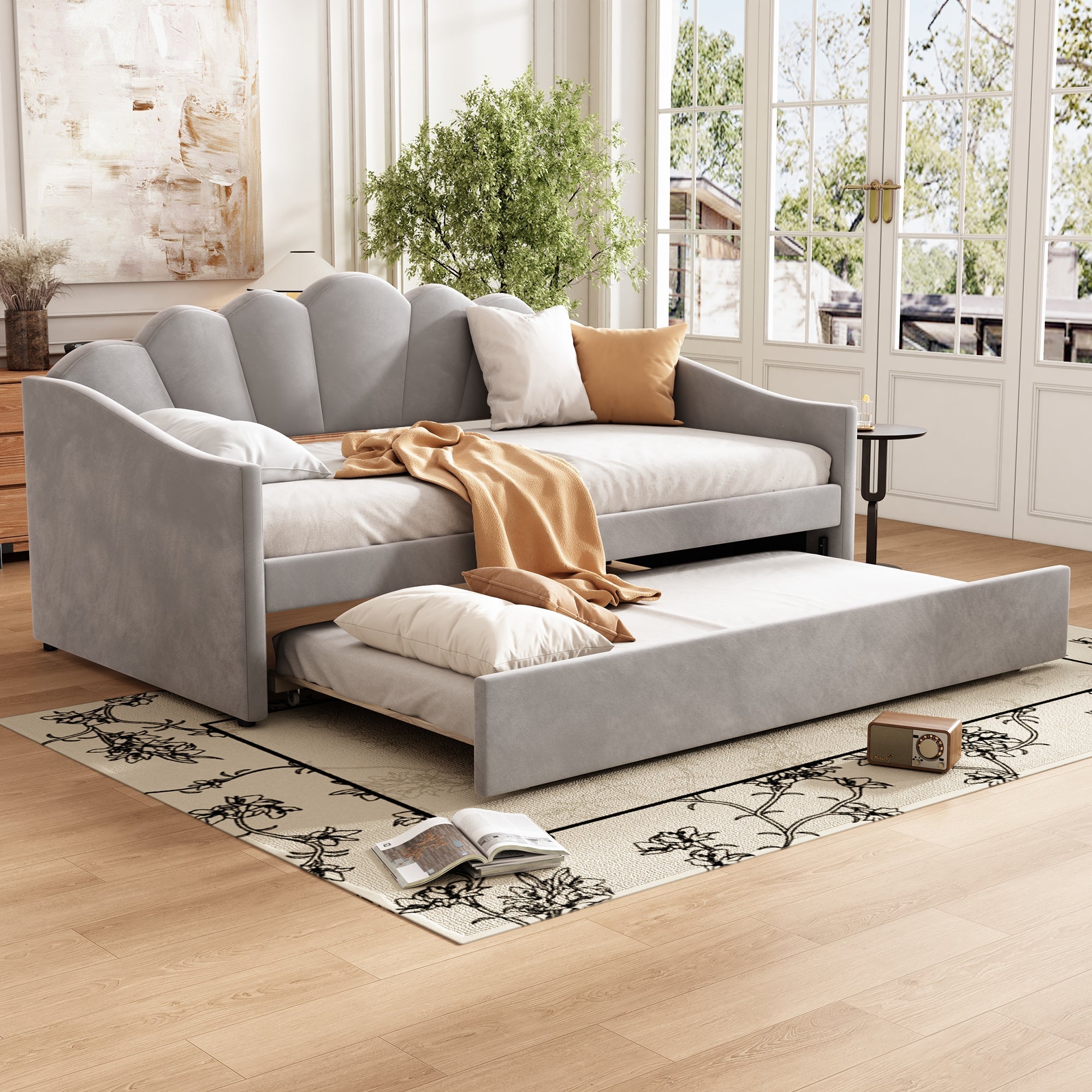 3ft Single Upholstered Bed with Trundle – Grey Velvet Daybed for Adults & Teens