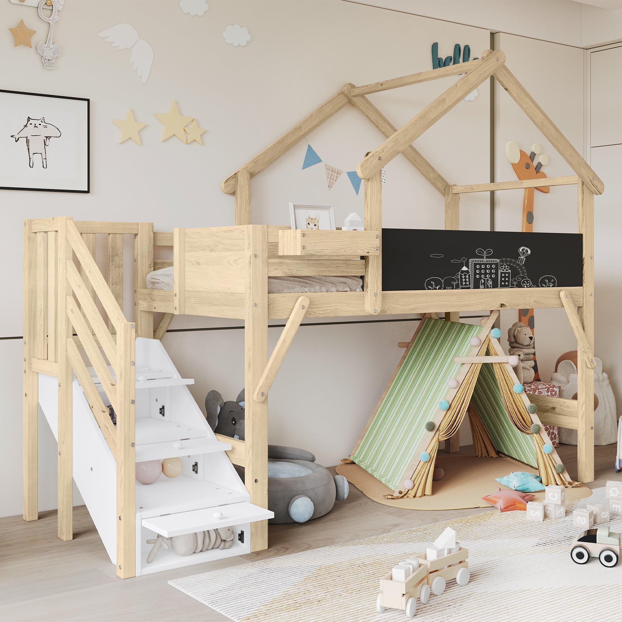 Children's Bunk Bed Roof Design Chalkboard Storage Stairs 90x200cm, White/Natural Pine/MDF/Plywood