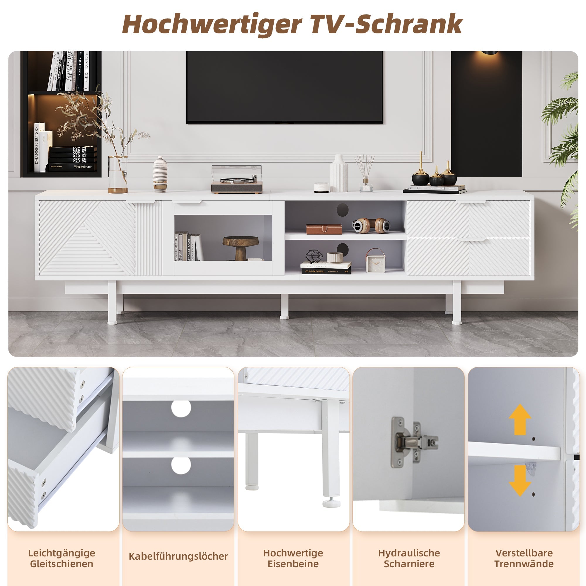 TV Cabinet, Modern Simple 80-inch with 2 Doors & 2 Drawers, White