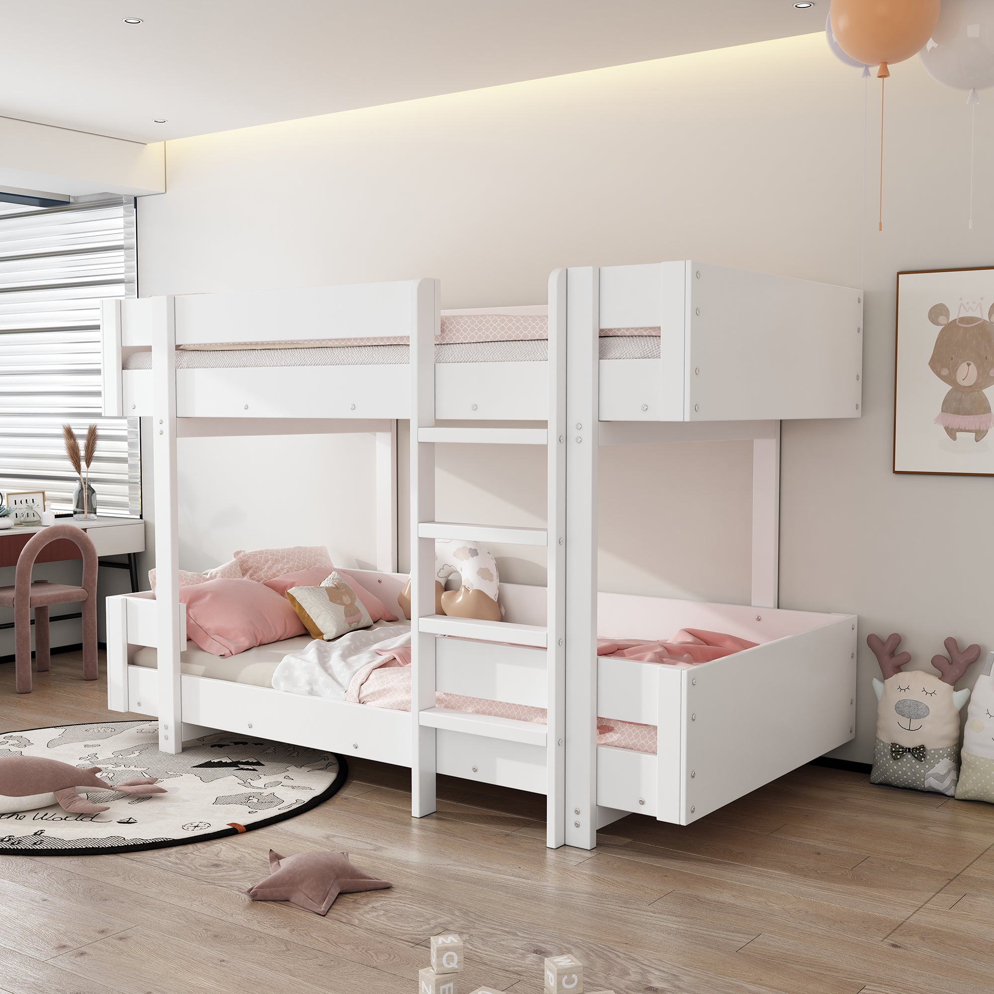 Children's Bunk Bed with Stairs and Reinforced Railing, 90x200cm, White