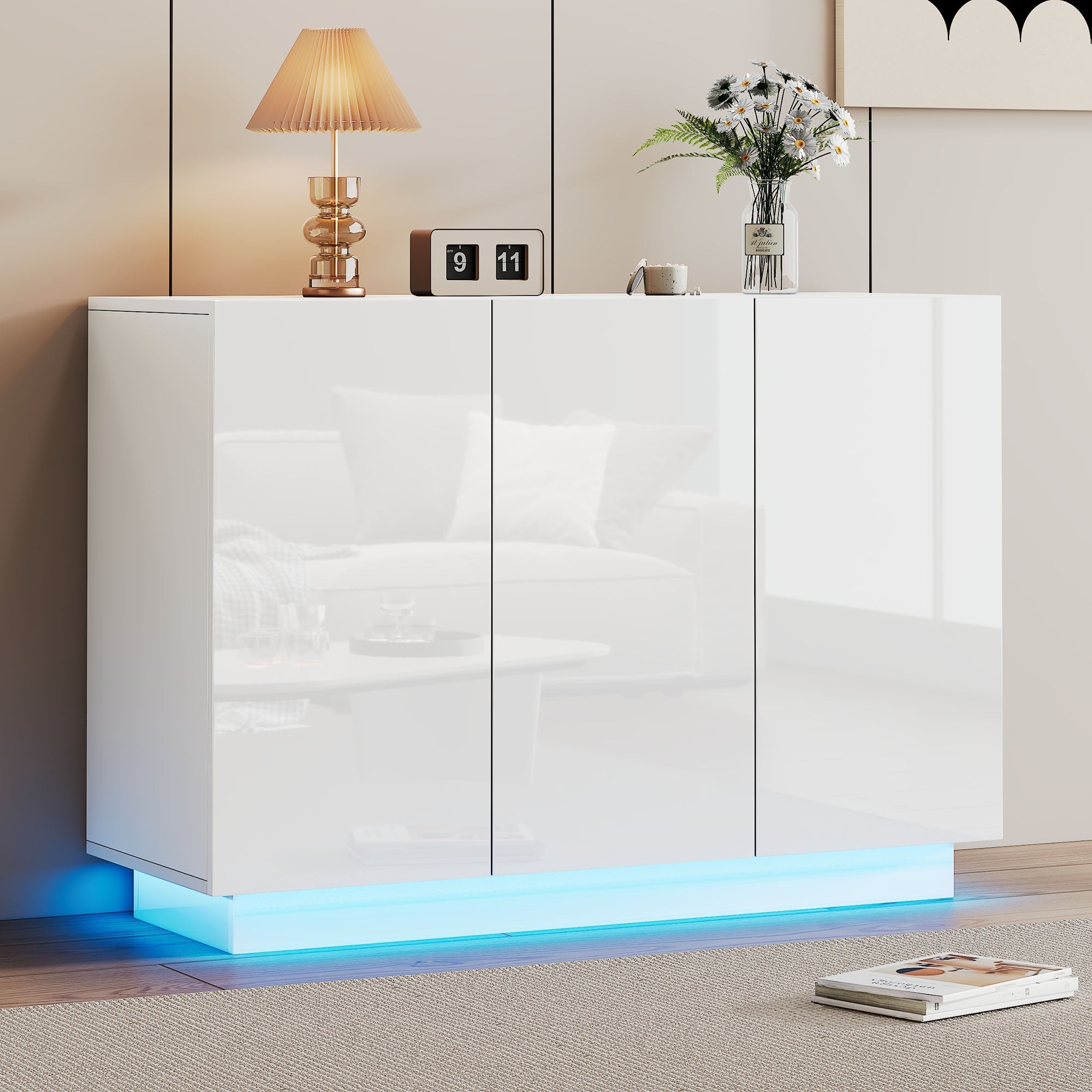 Dining Room Cabinet Sideboard, Open/Closed Storage LED Light, 120x40x75CM, White High-Gloss