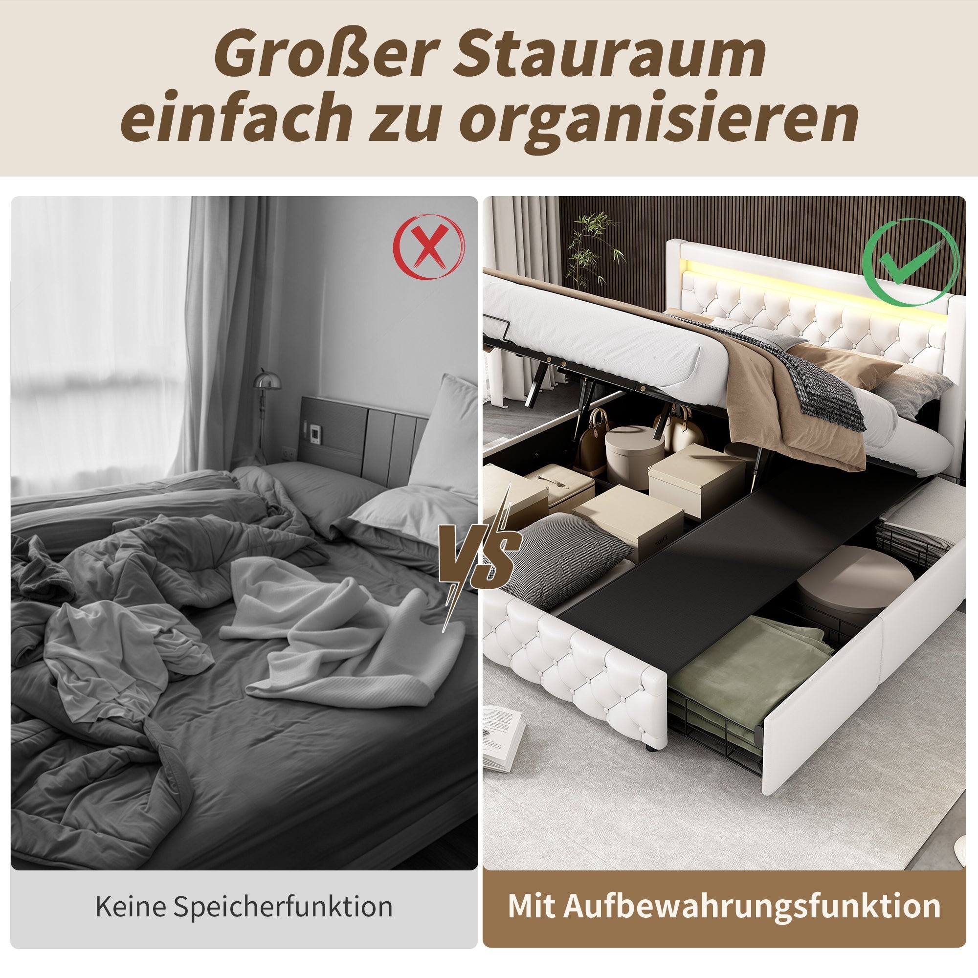 Upholstered Double Bed with LED Lights, Drawers and Slatted Frame, 160x200cm, White PU