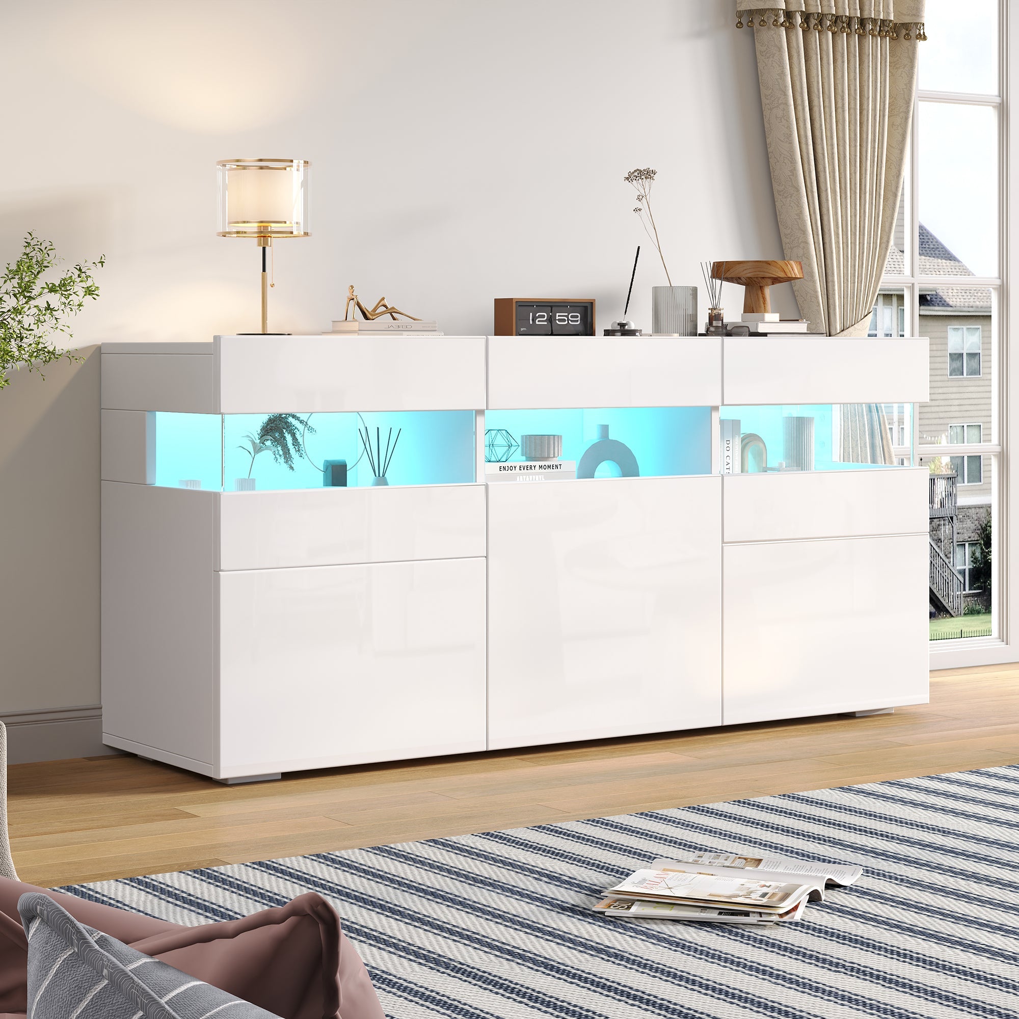 Living Room Sideboard 3-Door Cabinet LED Light Acrylic High-Gloss White