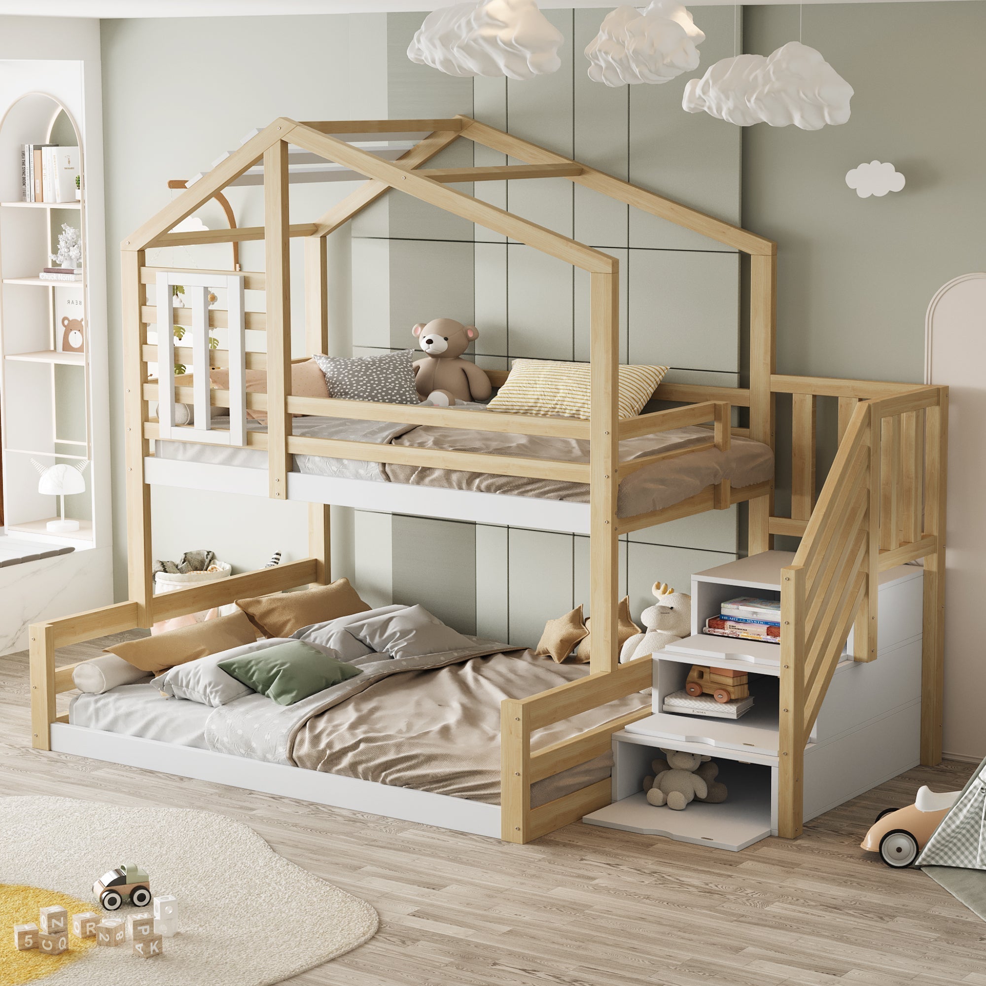 Bunk Bed 90x200cm with Window Railing Storage Steps Natural Pine Wood