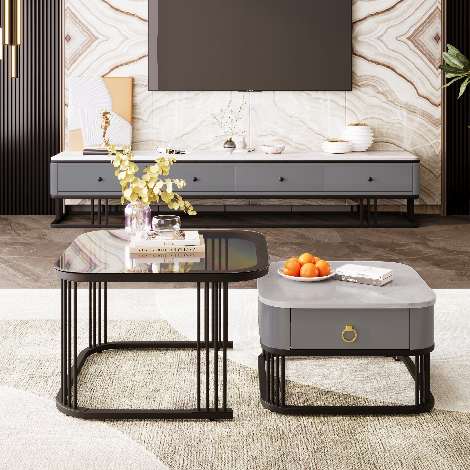 Stackable Coffee Table: High-Gloss Marble Look, Glass Top, Black Legs