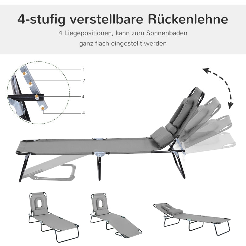 Sun Lounger Face Hole Cushion Foldable Water-Repellent Metal Frame - Dark Grey