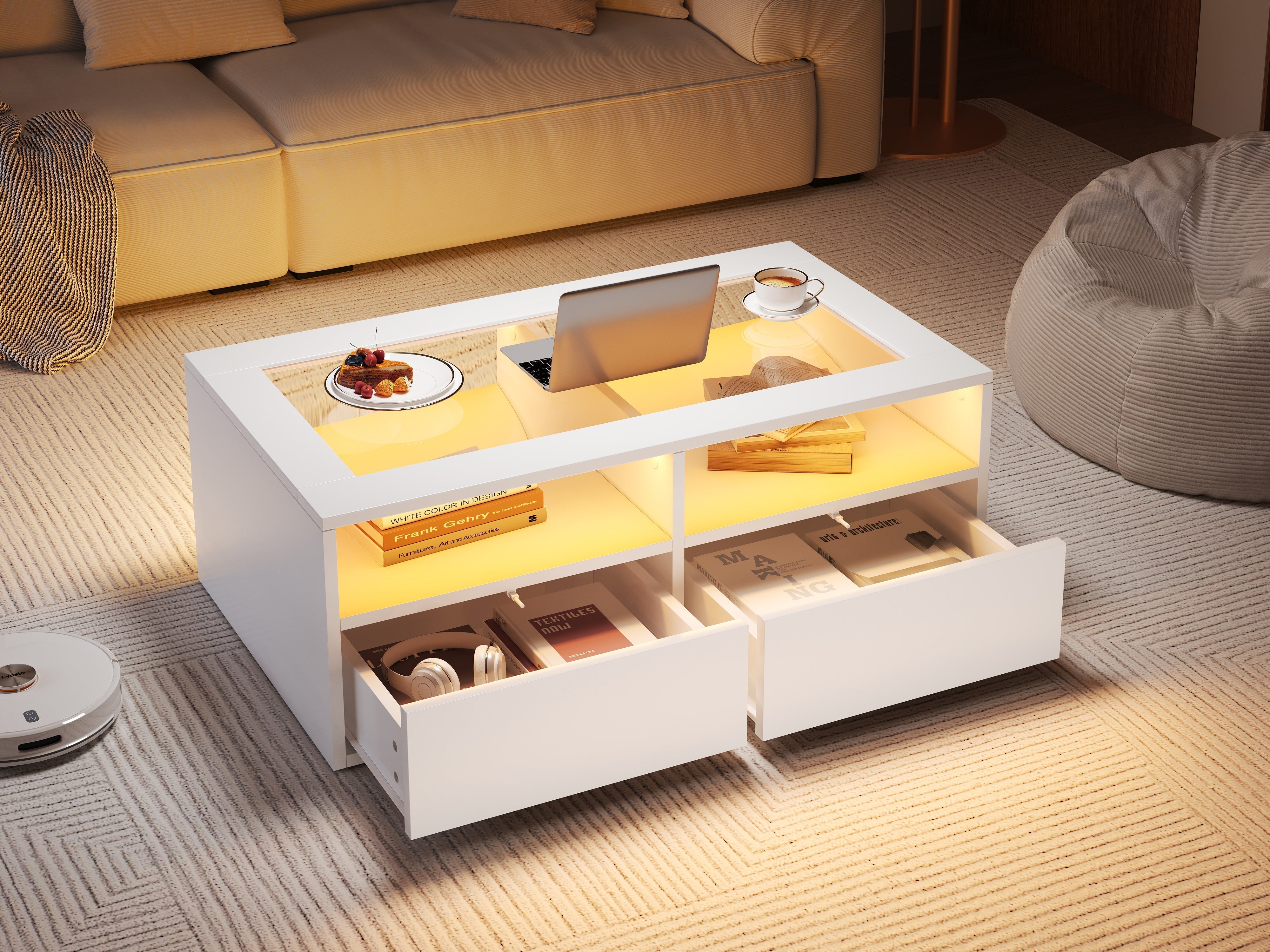 Coffee Table with LED Light and 2 Drawers, Glass and White