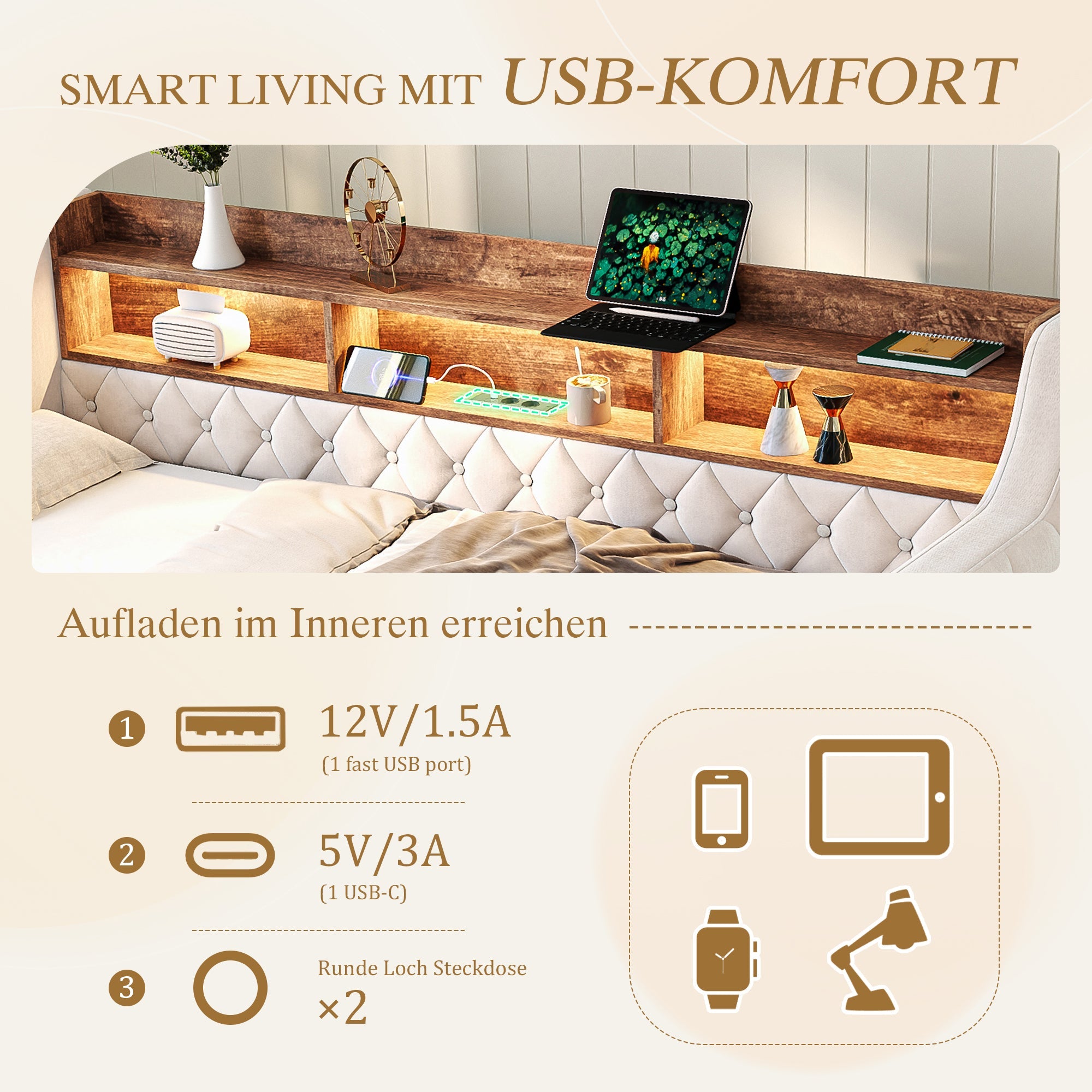 Sofa Bed 90x190cm Storage LED USB-C - Beige Velvet