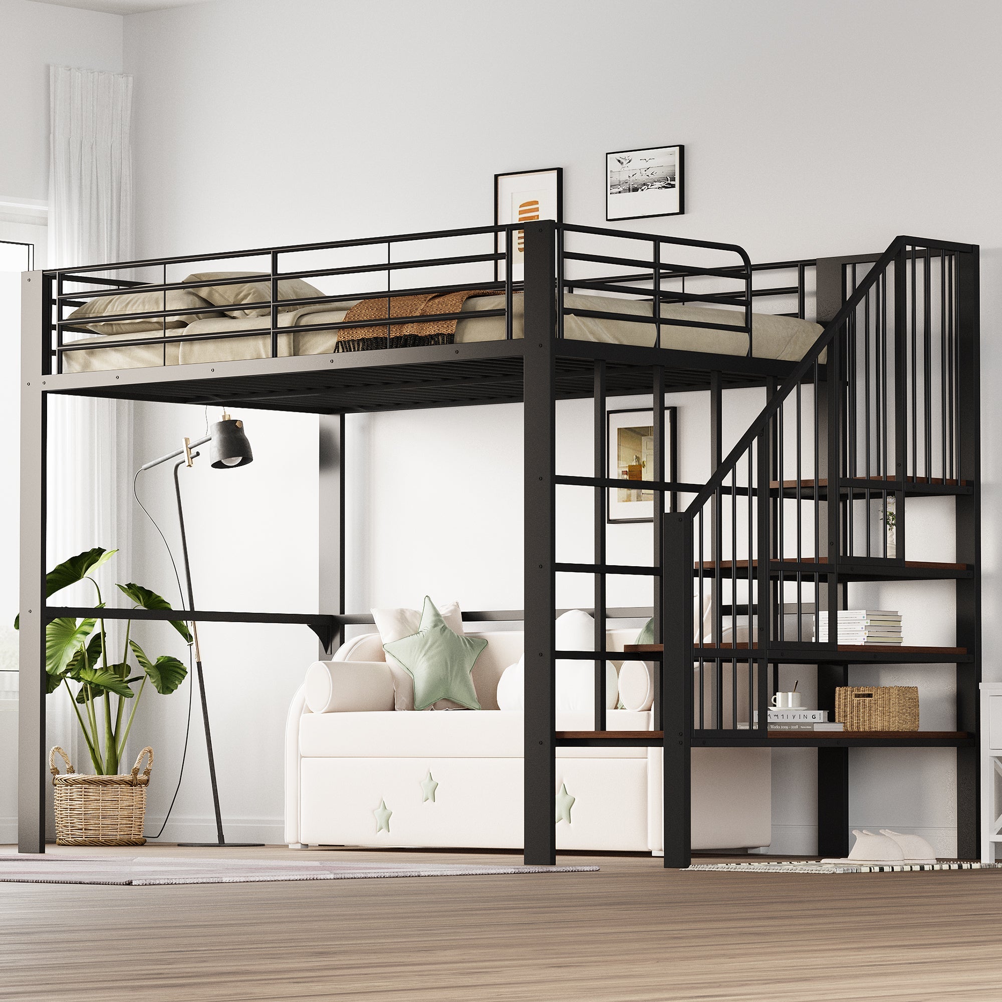 Loft Bed 140x200 Sturdy Storage Stairs, Metal