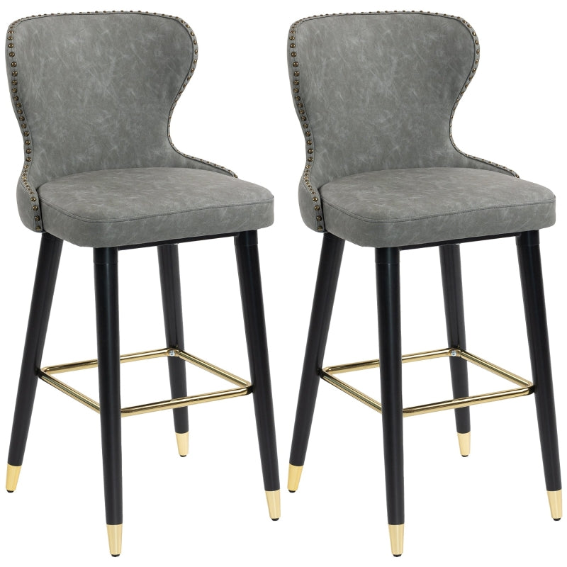 Bar Stools Set of 2 with Back, Footrest and Wood Legs for Kitchen Counter, PU Leather Grey