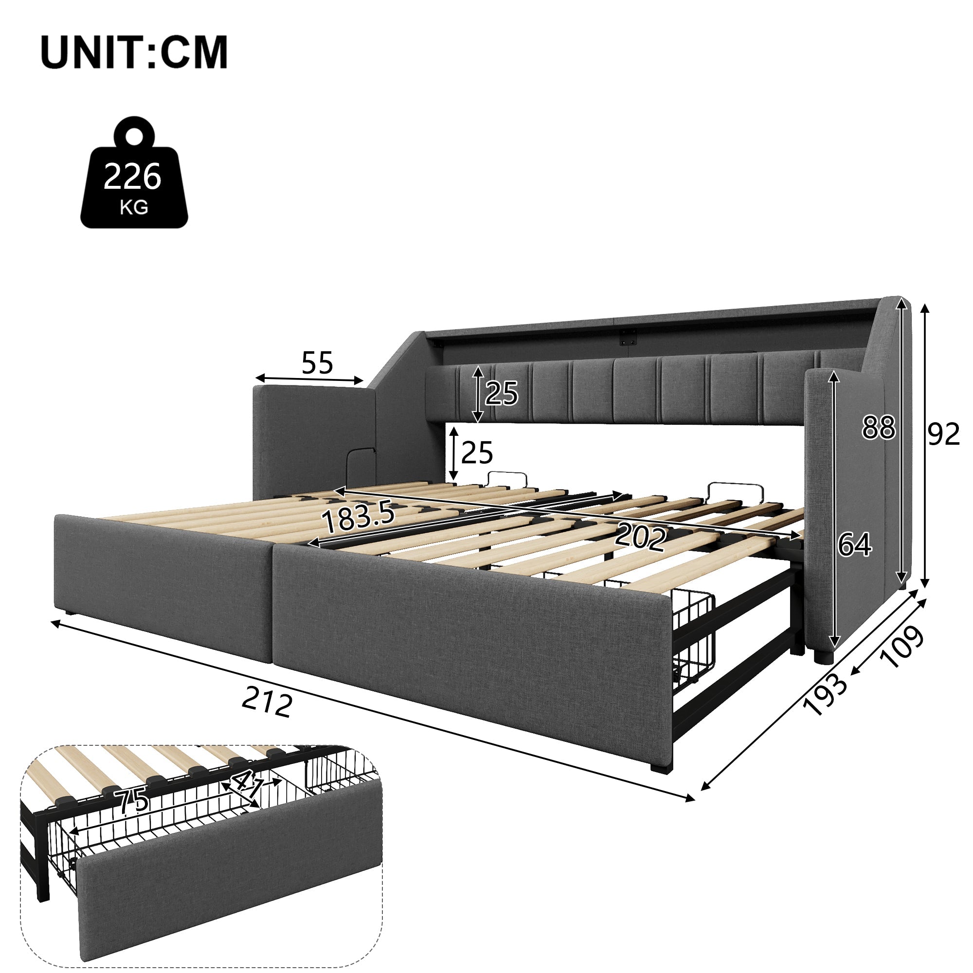 Daybed Sofa Bed Pull-out 90x200cm USB Type-C LED 2 Drawers Grey