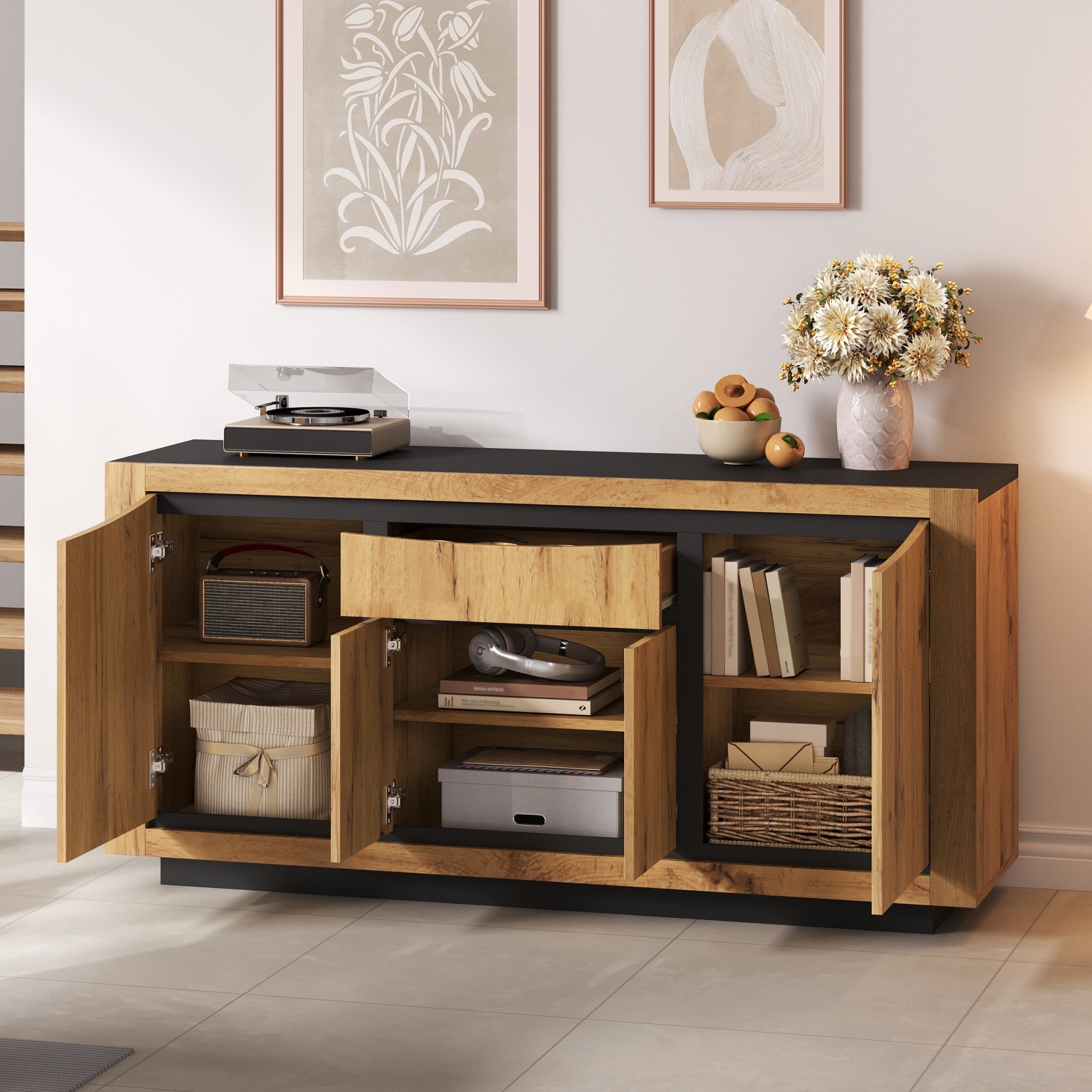 Sideboard 140x52cm 4 Doors 1 Drawer Handleless Storage Wood/Black
