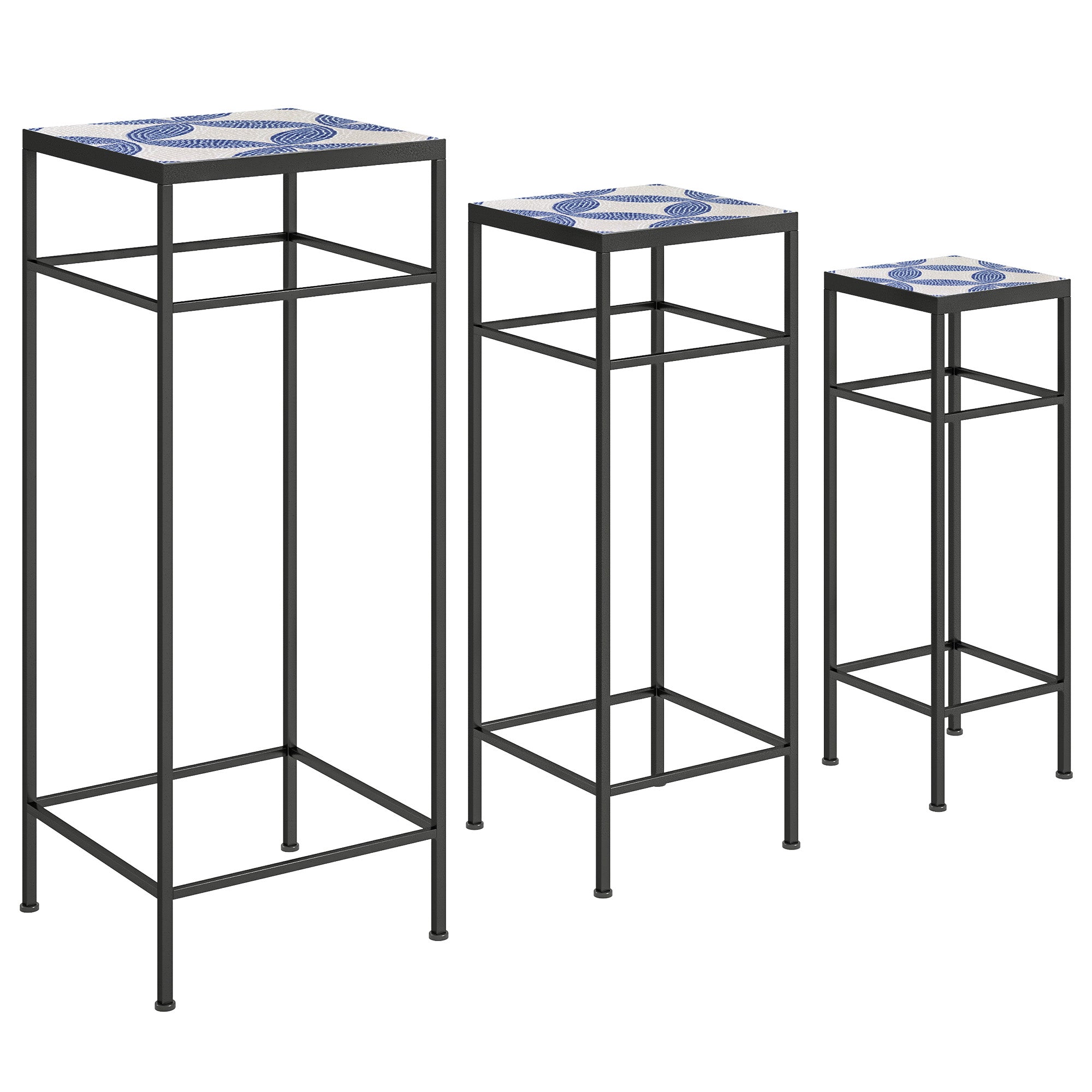 Plant Stands, Set of 3, 71cm Tall, Metal, Blue+White