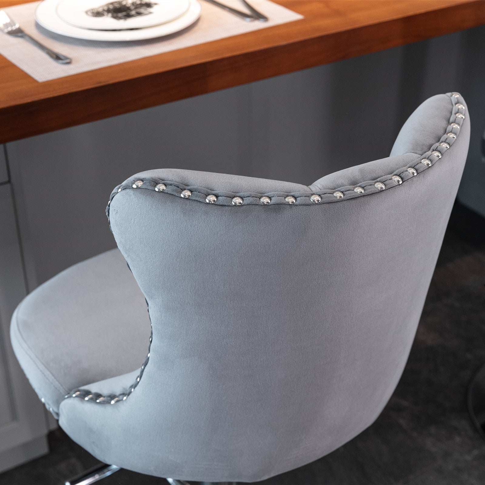 Swivel Barstools Adjustable Height Tufted Back Chrome Base Set of 2 - Velvet Gray