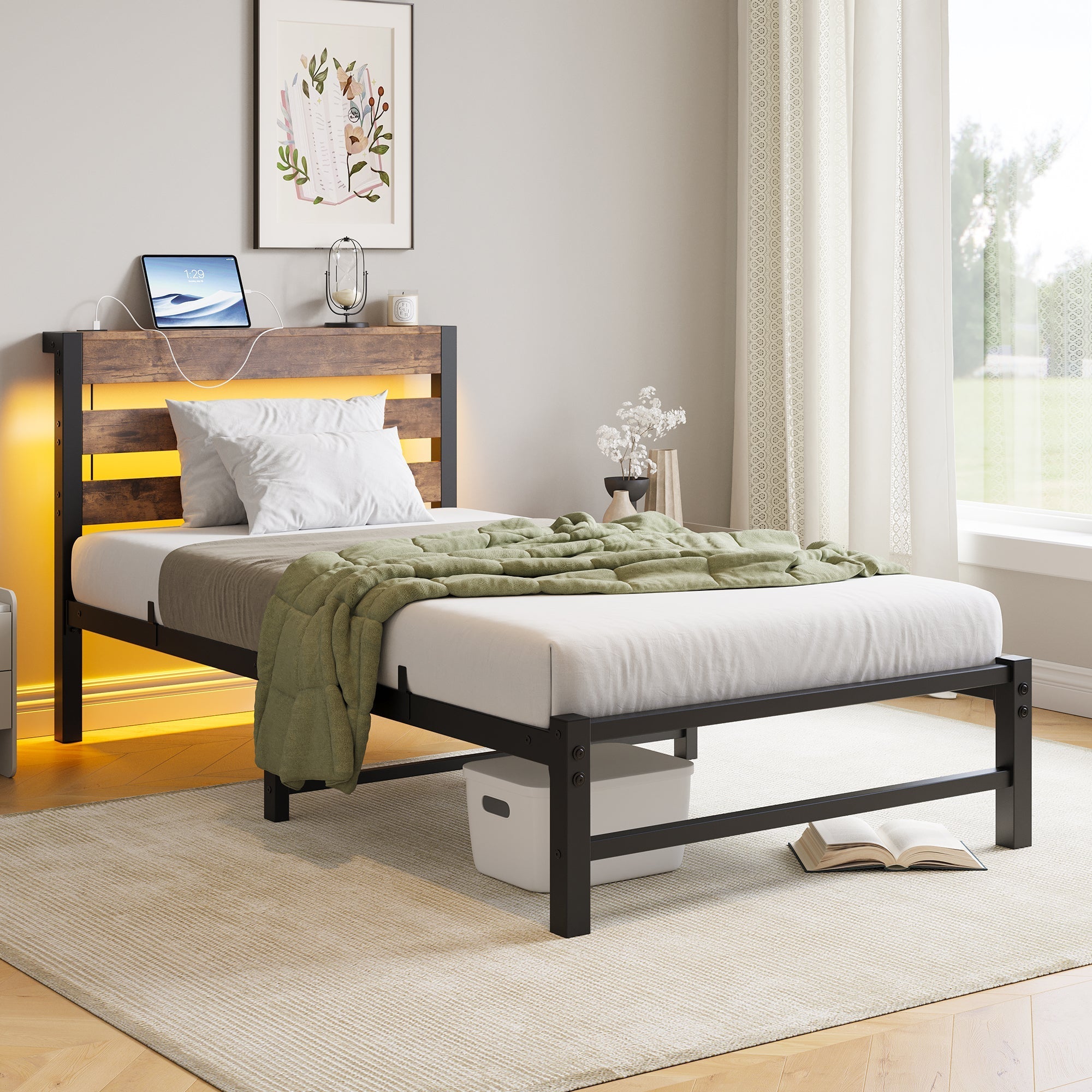 90x200 Bed Frame LED USB Charging Storage - Metal