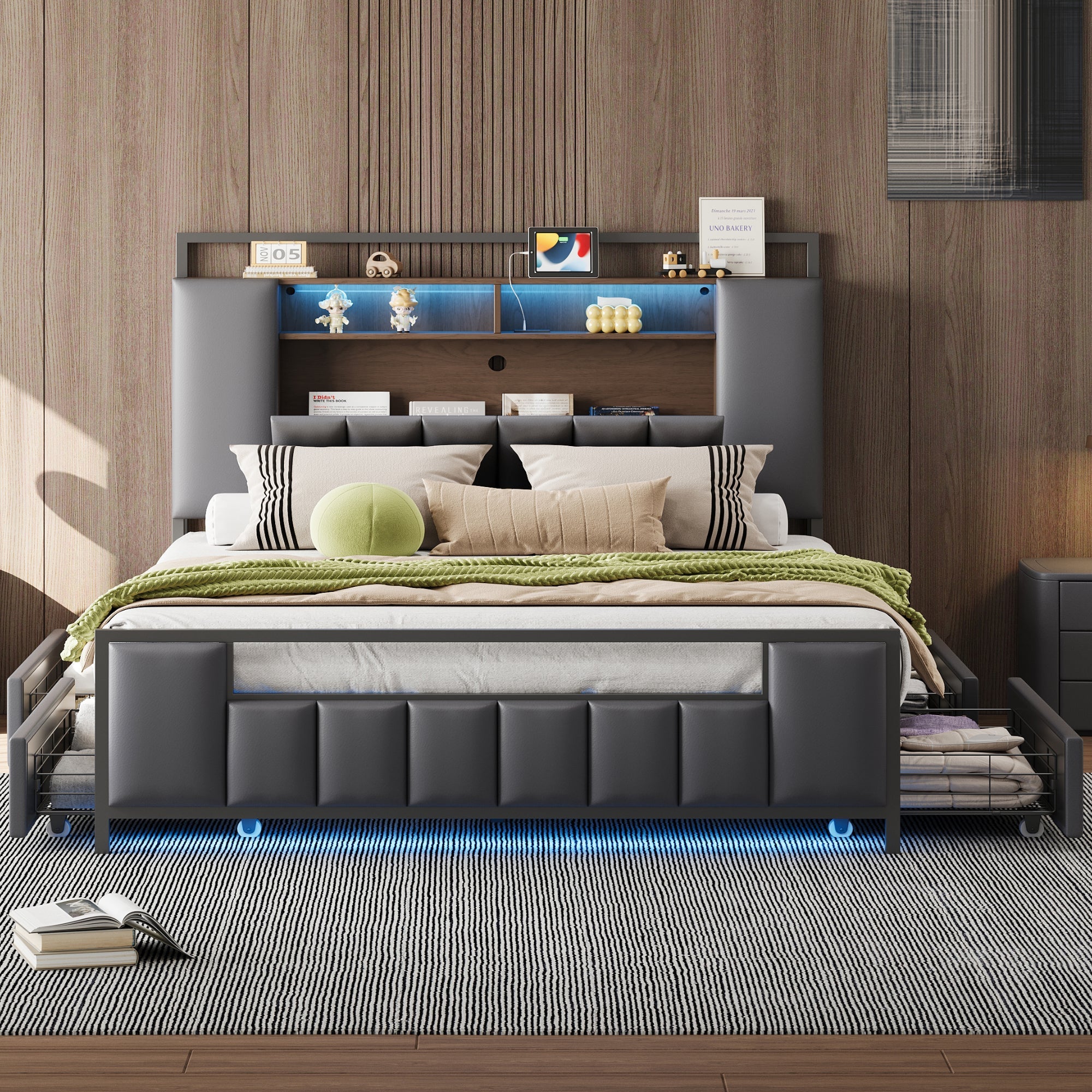 Upholstered Bed, Multifunctional with LED & USB, Drawers, Faux Leather Grey