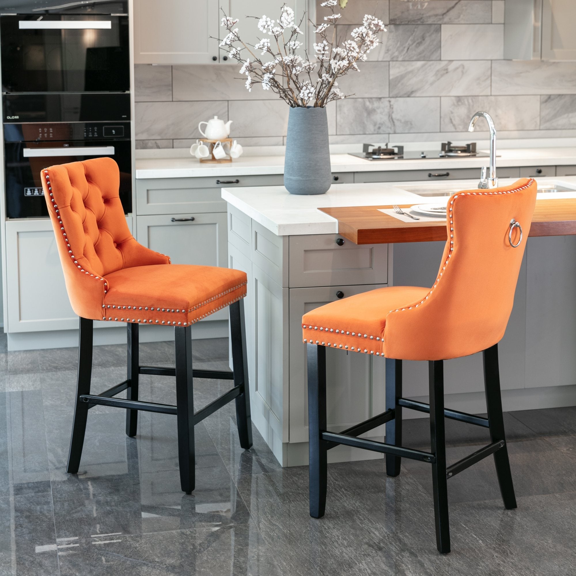 Barstools Set of 2 Button Tufted Velvet Wooden Legs - Orange