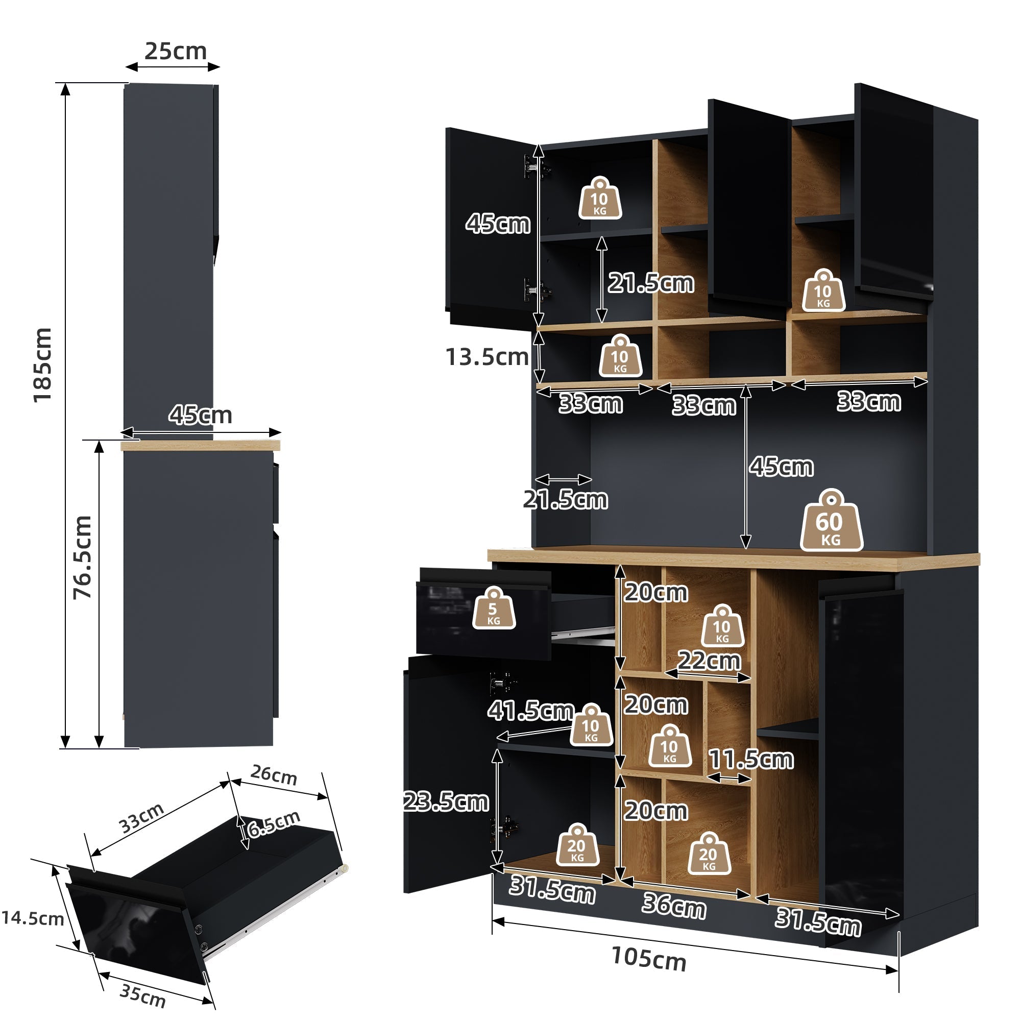 Modern Buffet Sideboard 105x185cm Adjustable Shelves Drawers - Grey/Black