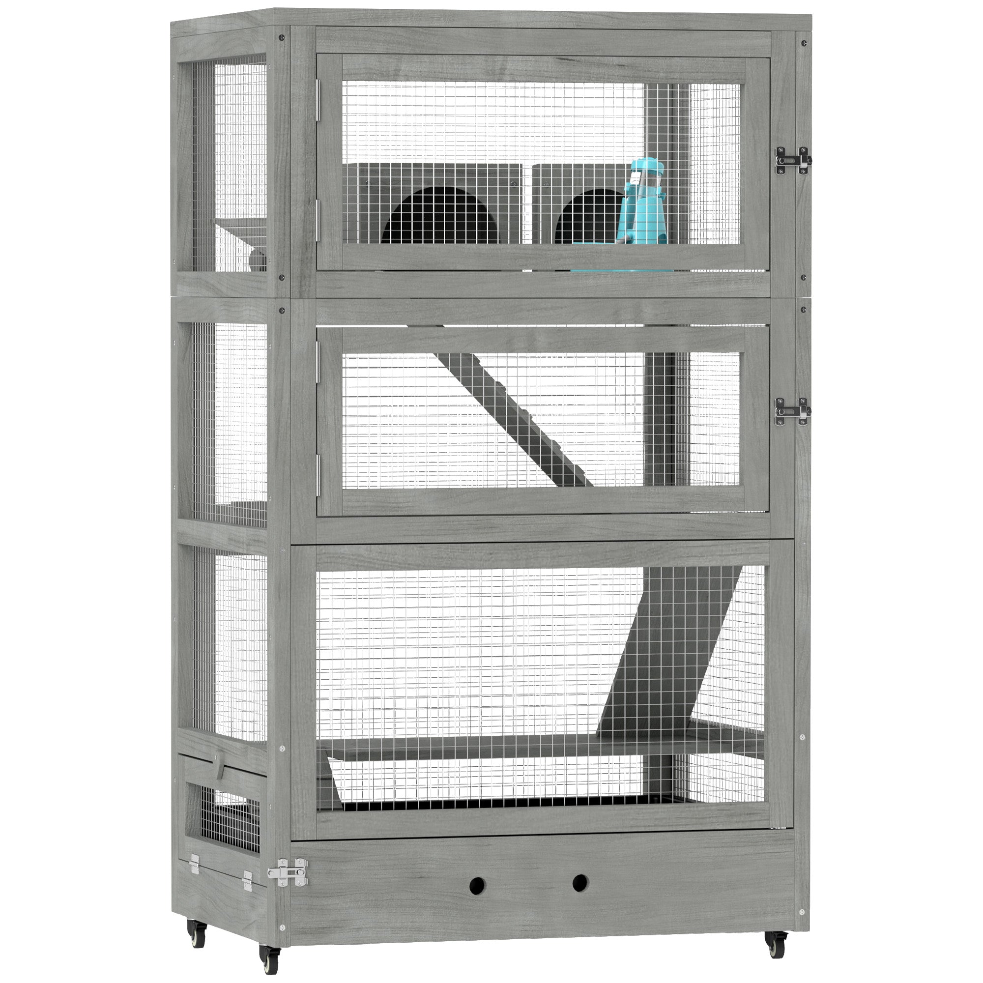 Wooden Dwarf Hamster Cage, 4-Tier with Huts, Food Bowls, Gray