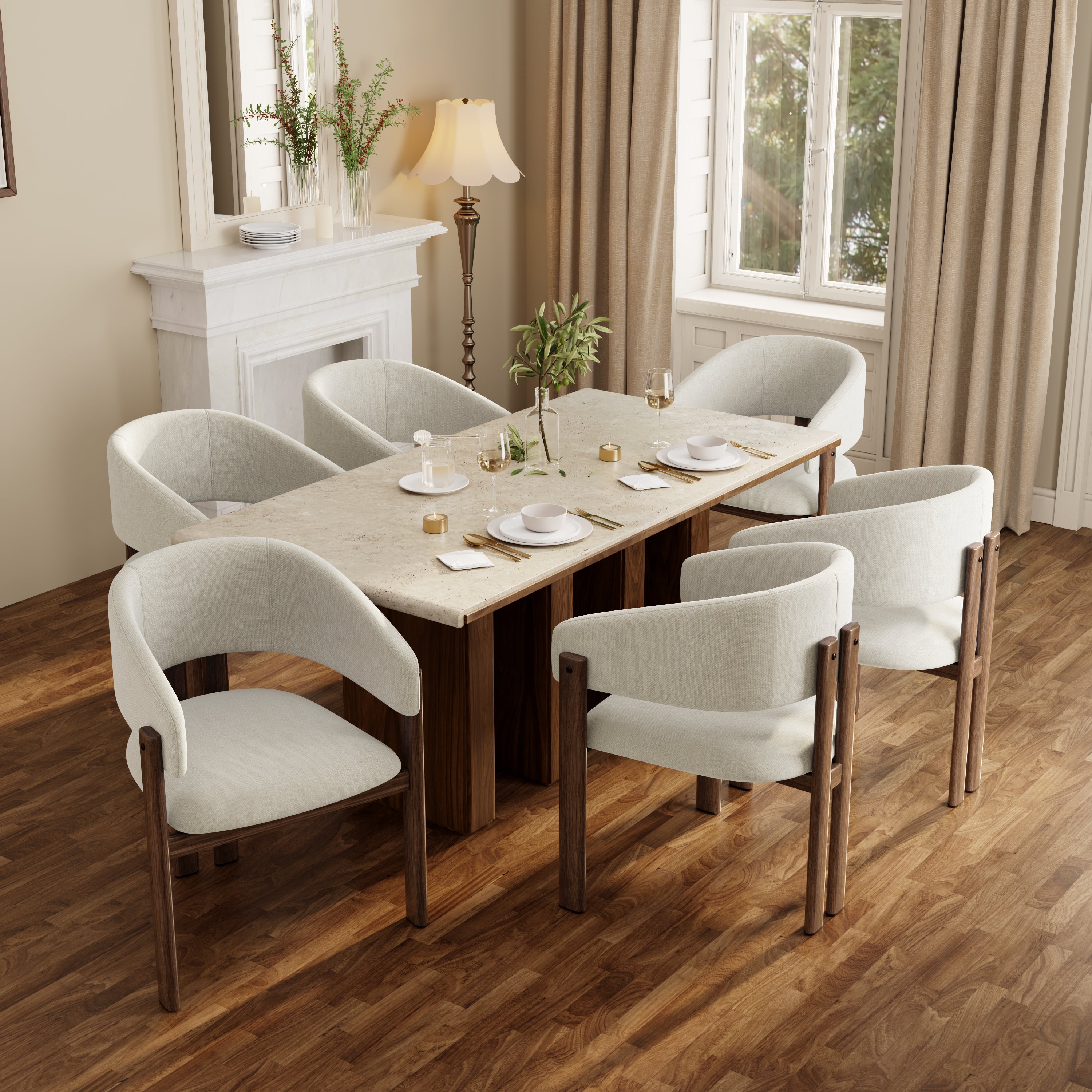 2 Dining Chairs Metal Wood Look Modern Linen Fabric - Walnut