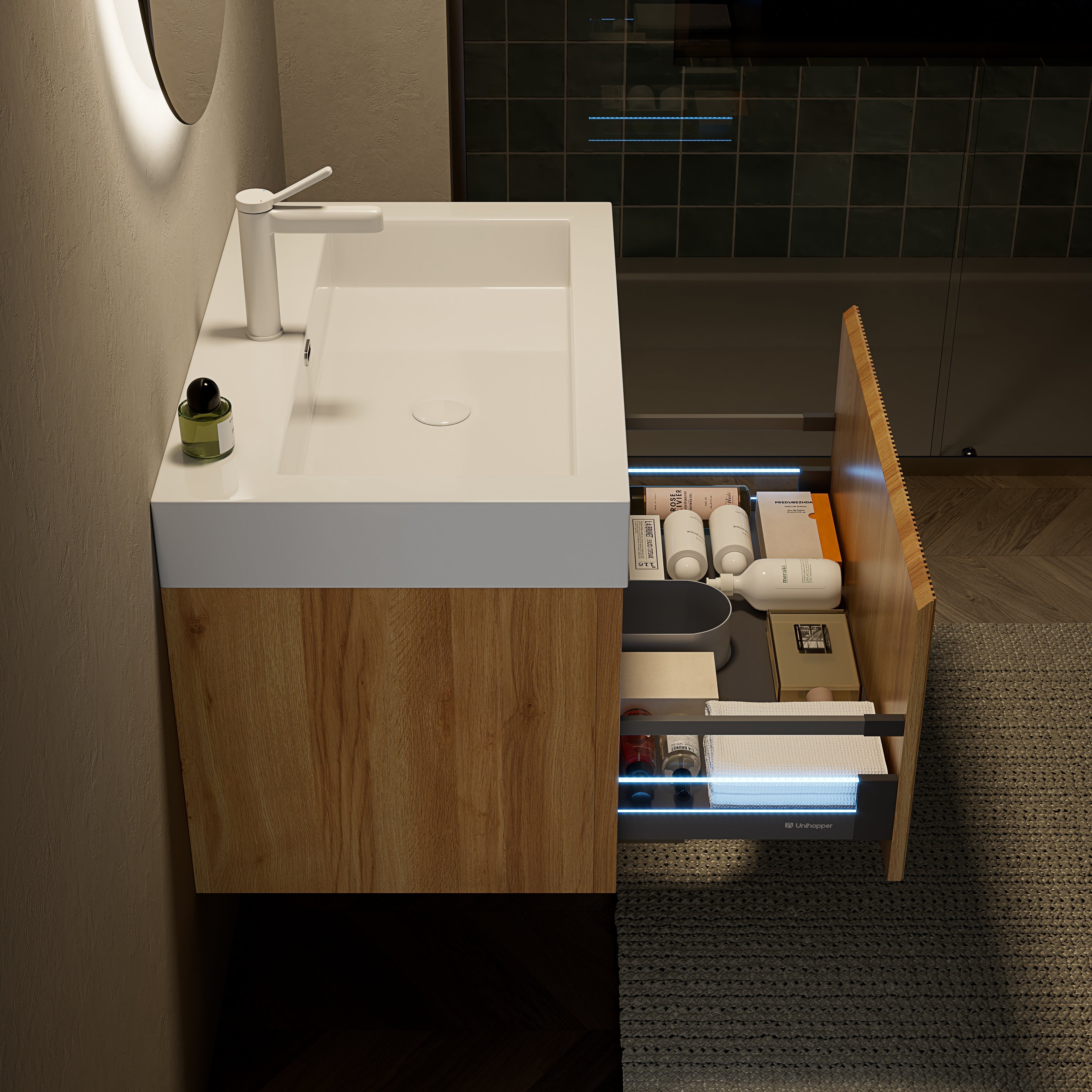 Wall-Mounted Bathroom Vanity Unit with Integrated Basin and Single Drawer, Natural Wood Grain Plywood