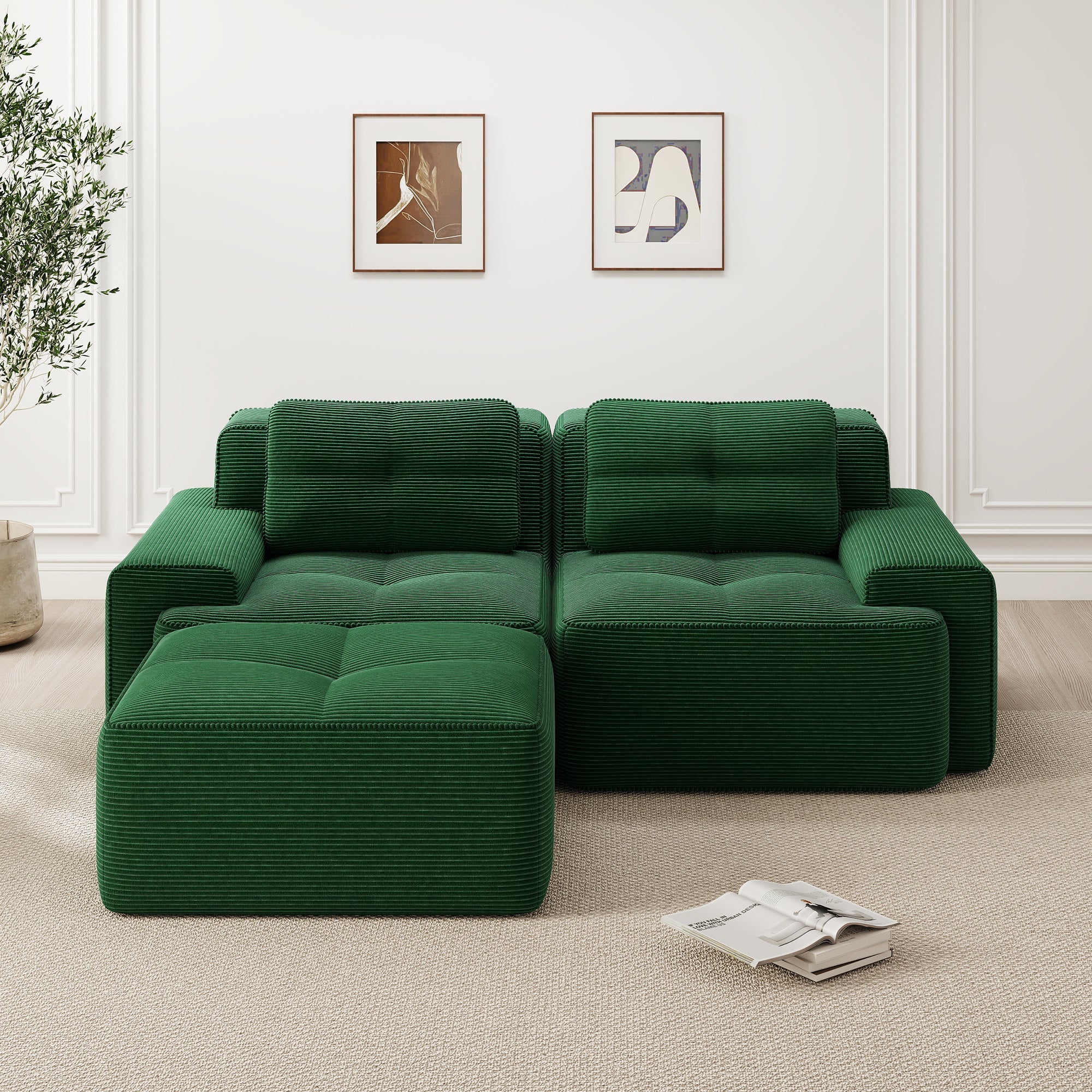 Boneless Modular Sofa L-Shaped Sleeper Ottoman Tufted - Corduroy Green