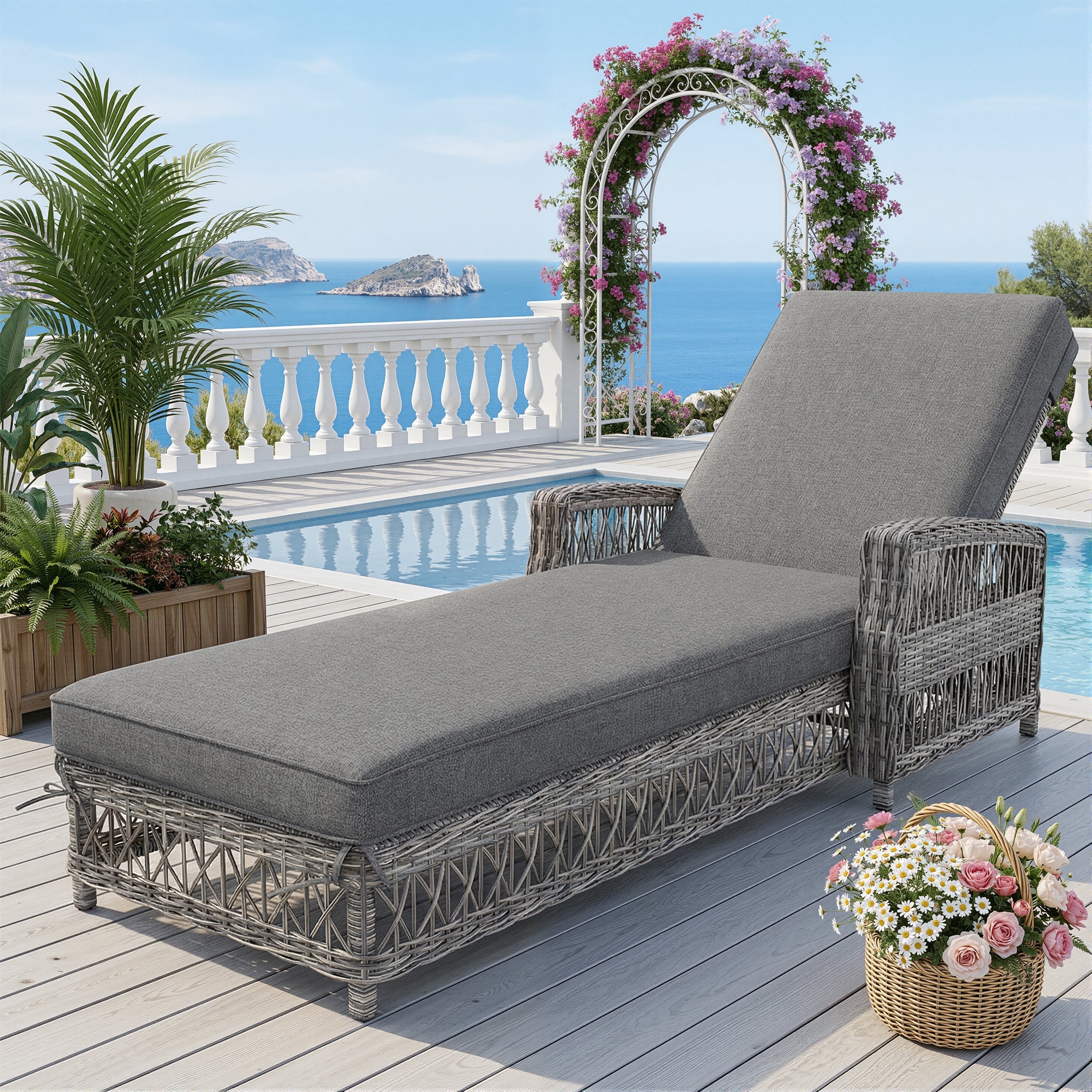 Outdoor Rattan Lounger with Adjustable Backrest and Removable Cushion, Grey Rattan