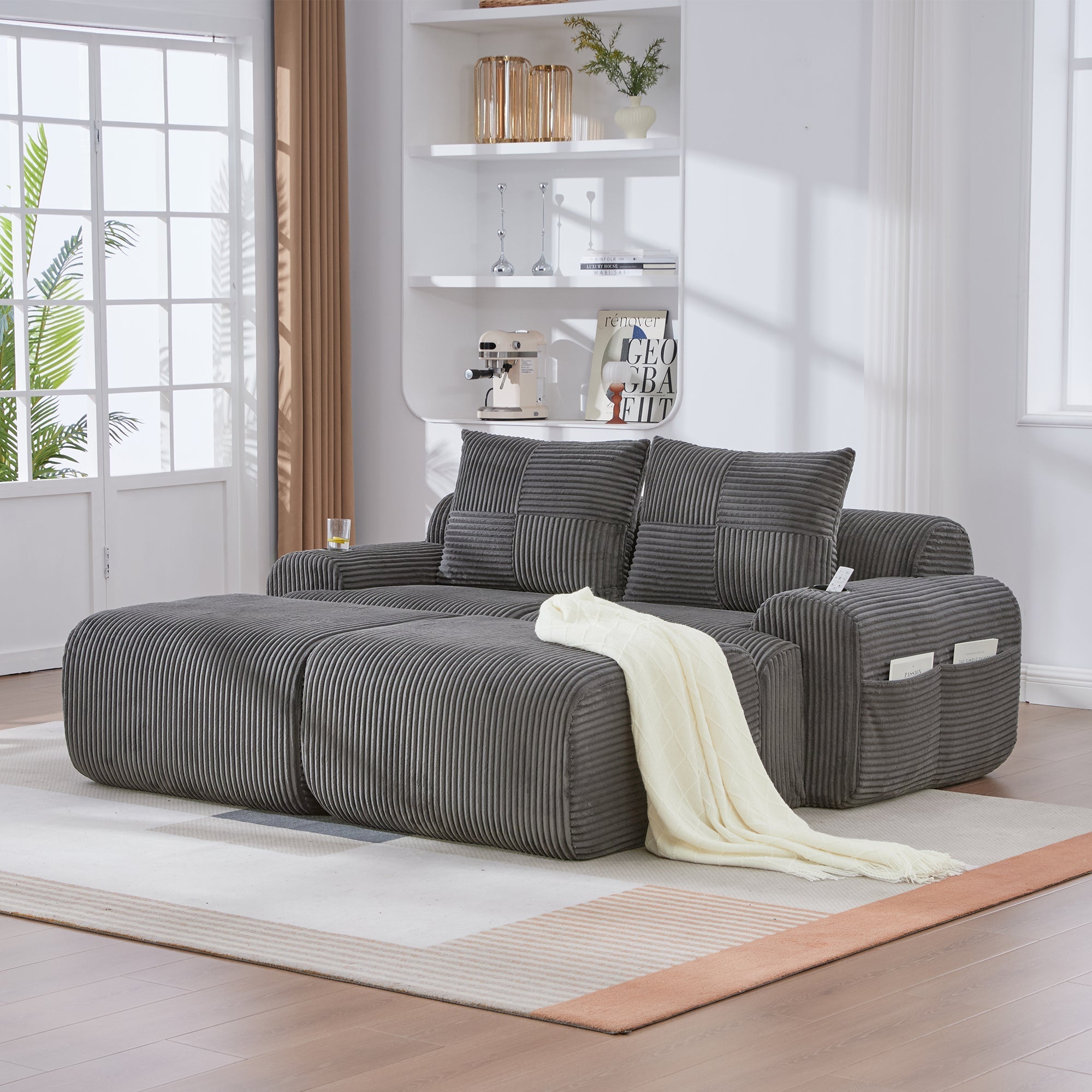 Modular 2-Seater Corduroy Sofa with Ottomans, Cup Holders and Storage Pocket, Dark Grey
