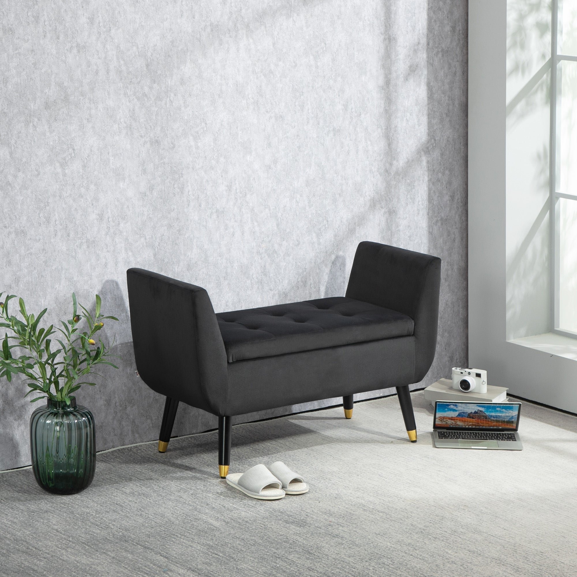 Luxury Upholstered Bench with Storage Armrests, Velvet, Dark Grey