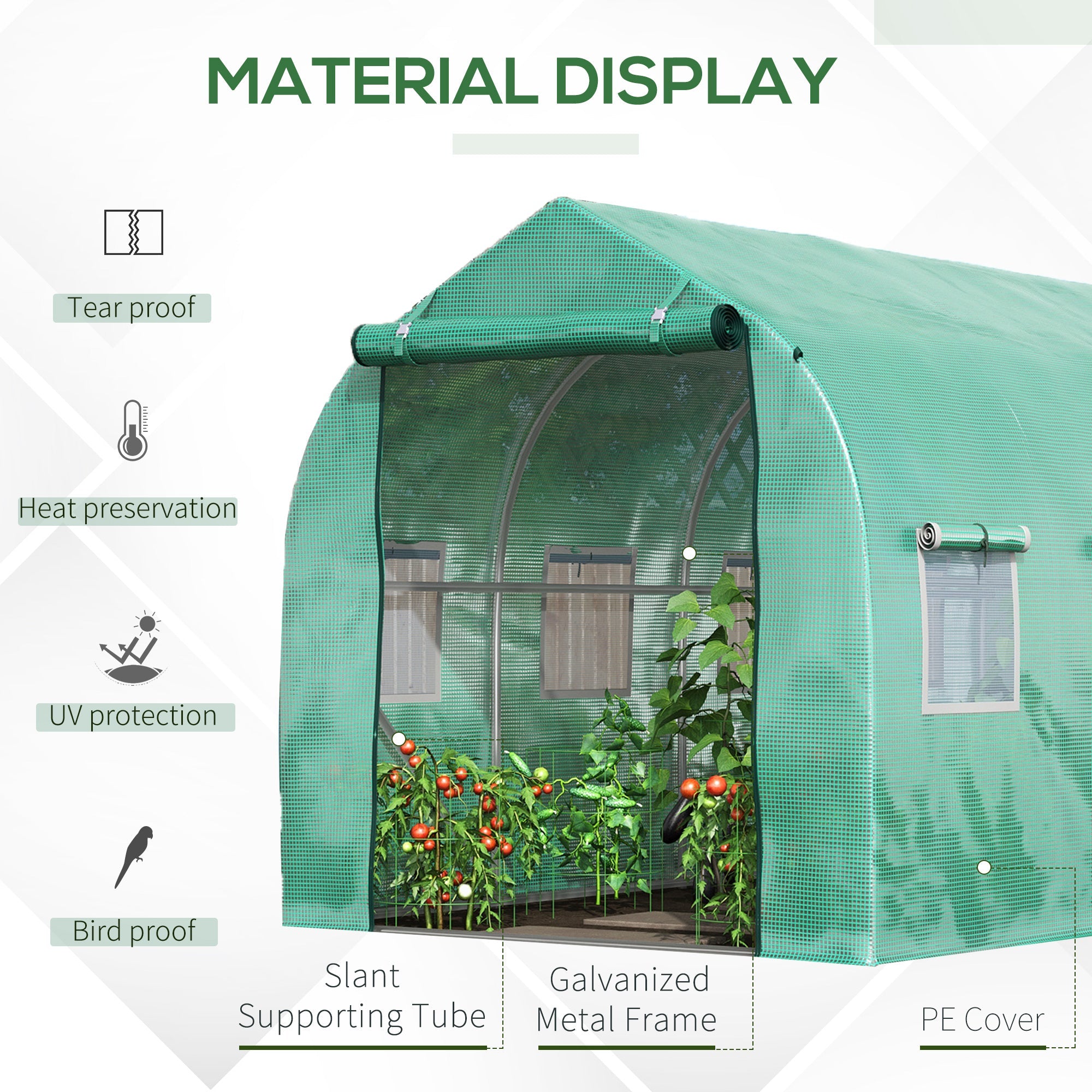 Polytunnel Greenhouse 4x2M Walk-in with Windows and Door, Green