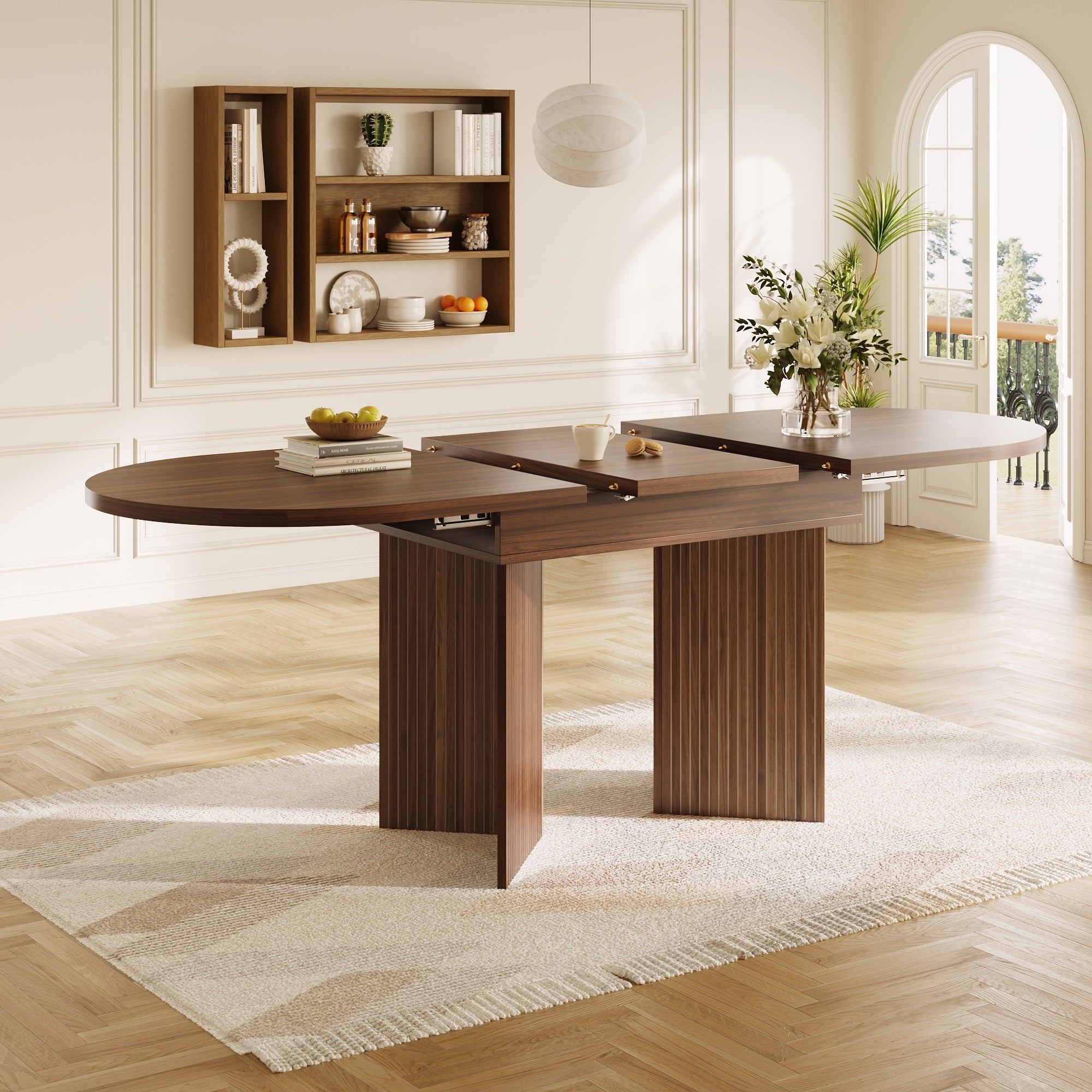 Extendable Dining Table with Internal Extension Leaves, 120-160 cm, Walnut Wood Finish