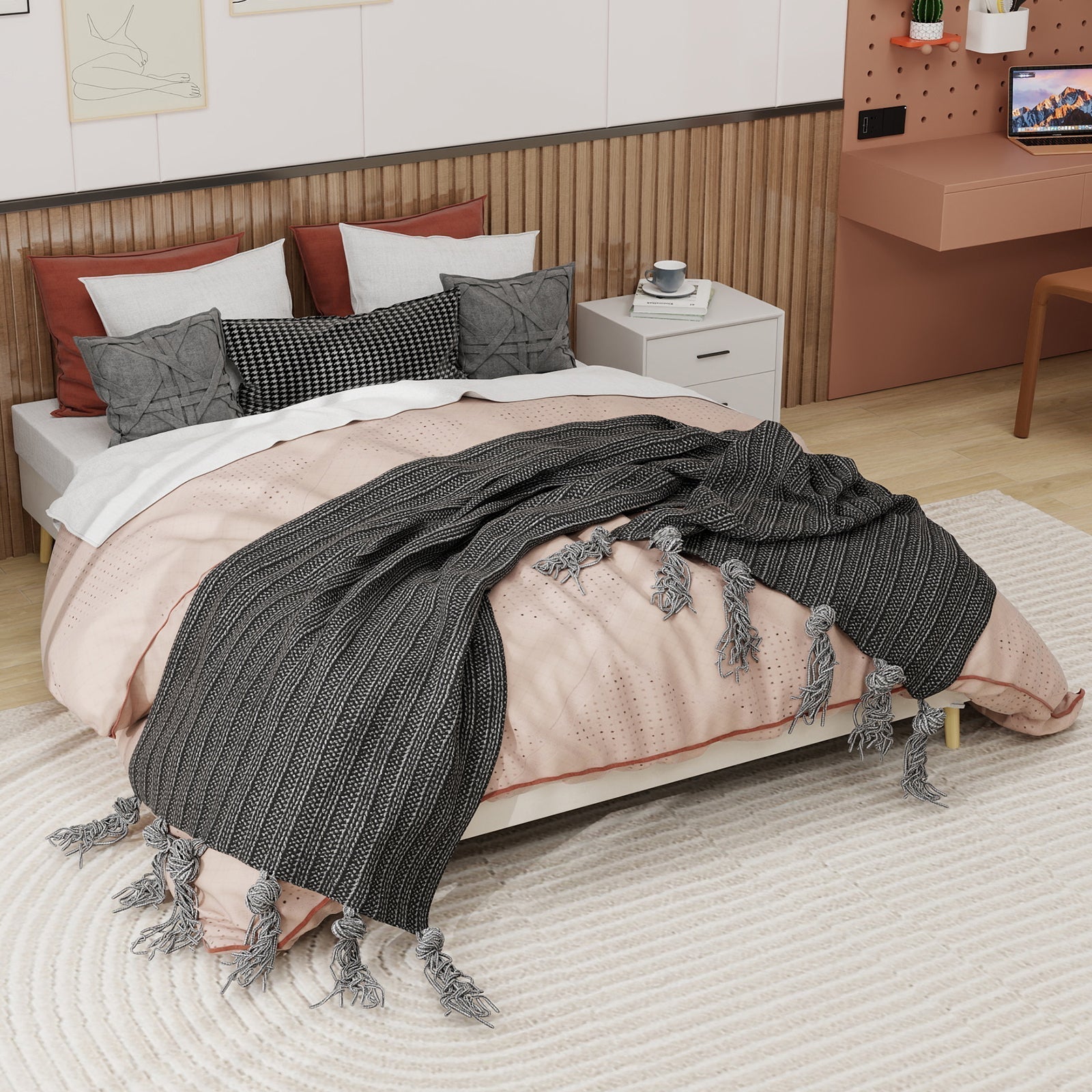 Modern Minimalist Bed Frame, 160x200cm Low Box, Dutch Velvet Material Beige