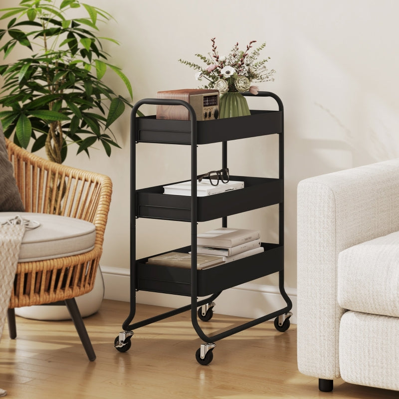 Kitchen Trolley 3 Baskets 4 Wheels - Metal Black